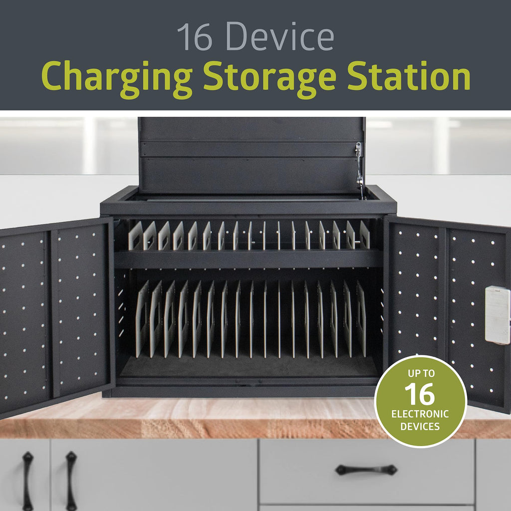 Pearington 16 Device Portable Table Top Charging and Storage Cabinet for iPads, Chromebooks and Laptop Computers, Up to 17-inch Screen Size, Bonus Shelf, Side Handles, Locking Front Door, Cable Clips