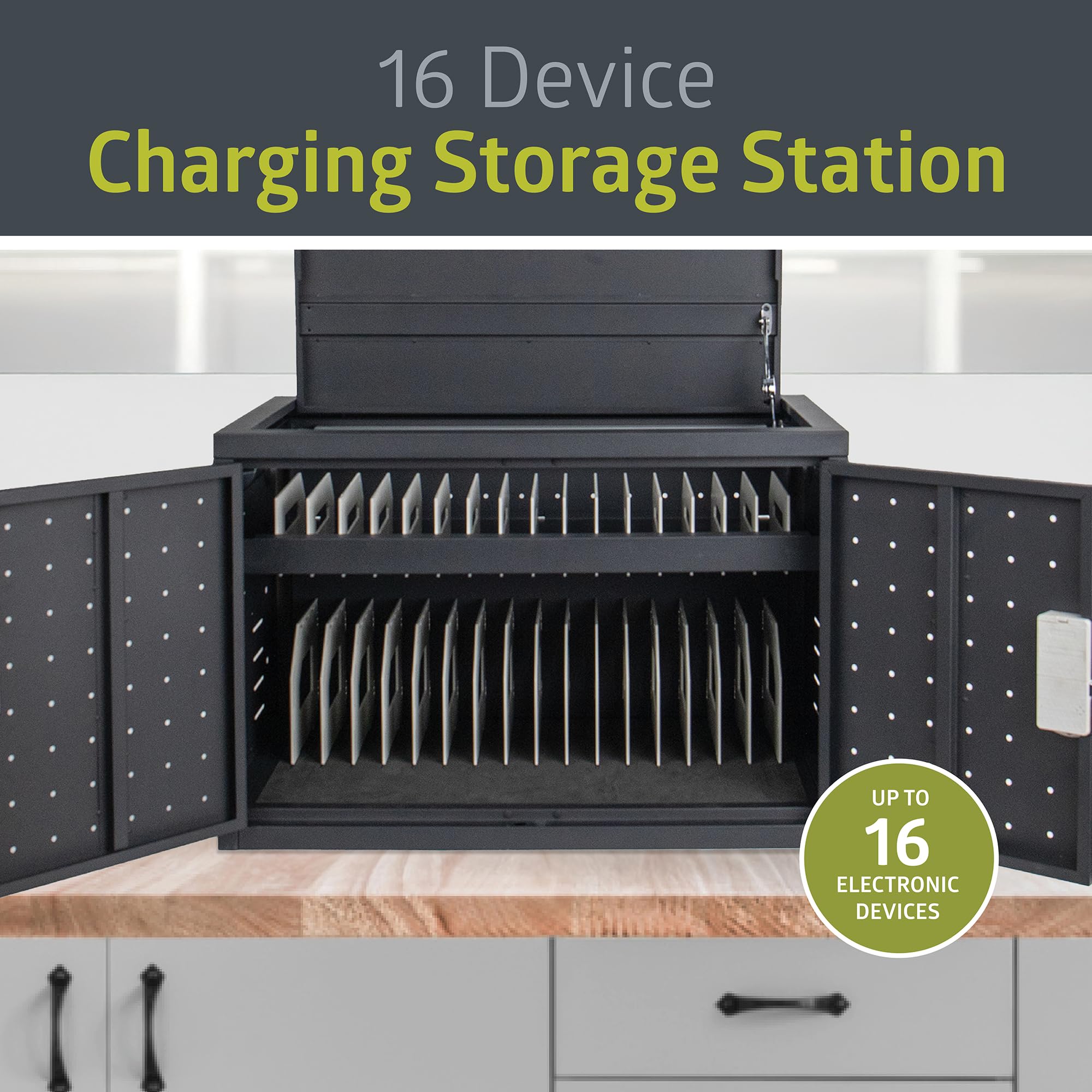 Pearington 16 Device Portable Table Top Charging and Storage Cabinet for iPads, Chromebooks and Laptop Computers, Up to 17-inch Screen Size, Bonus Shelf, Side Handles, Locking Front Door, Cable Clips