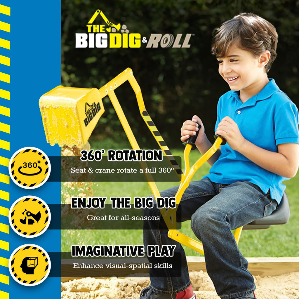 Big Dig Toy Excavator Ride, Sand Digger w/ 360 Rotation Base for Kids Ages 3 & Up, Yellow - Outdoor Playground and Beach Construction Riding Toys for Children