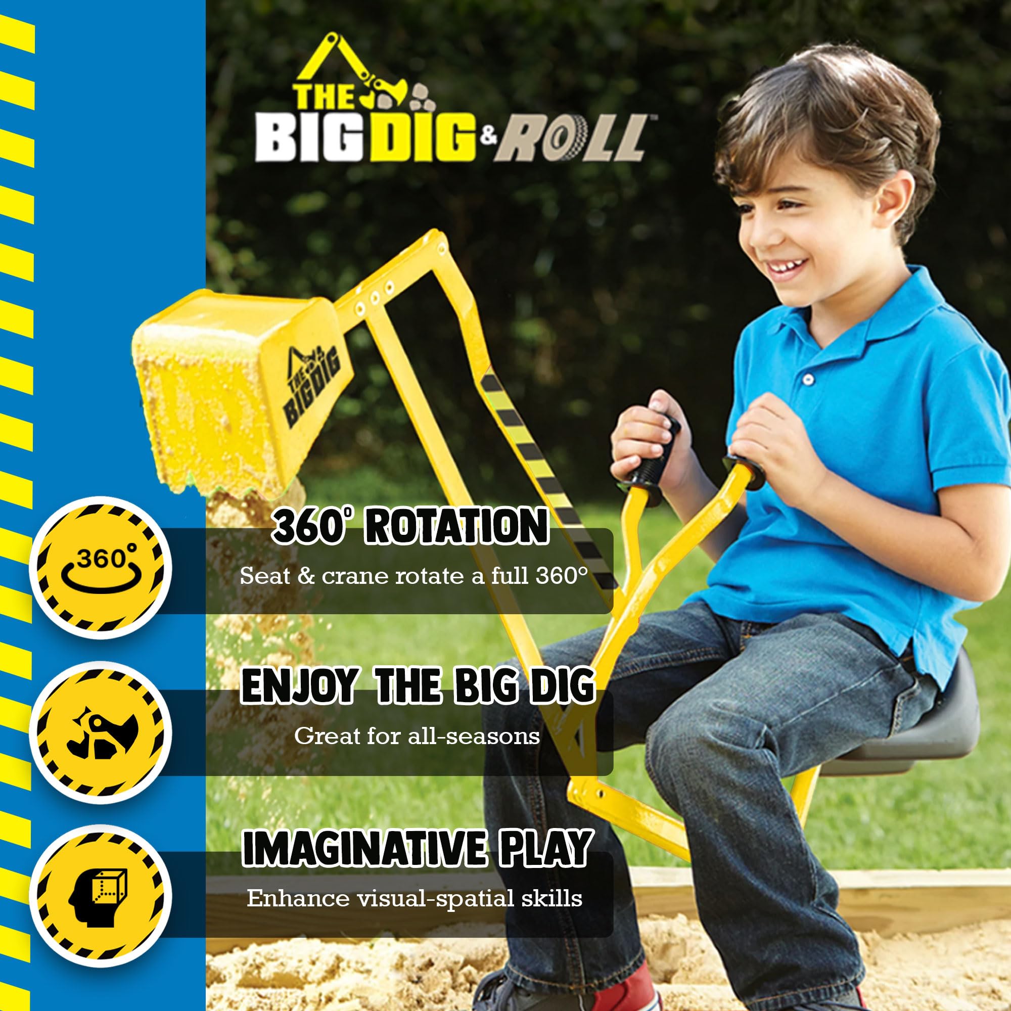 Big Dig Toy Excavator Ride, Sand Digger w/ 360 Rotation Base for Kids Ages 3 & Up, Yellow - Outdoor Playground and Beach Construction Riding Toys for Children