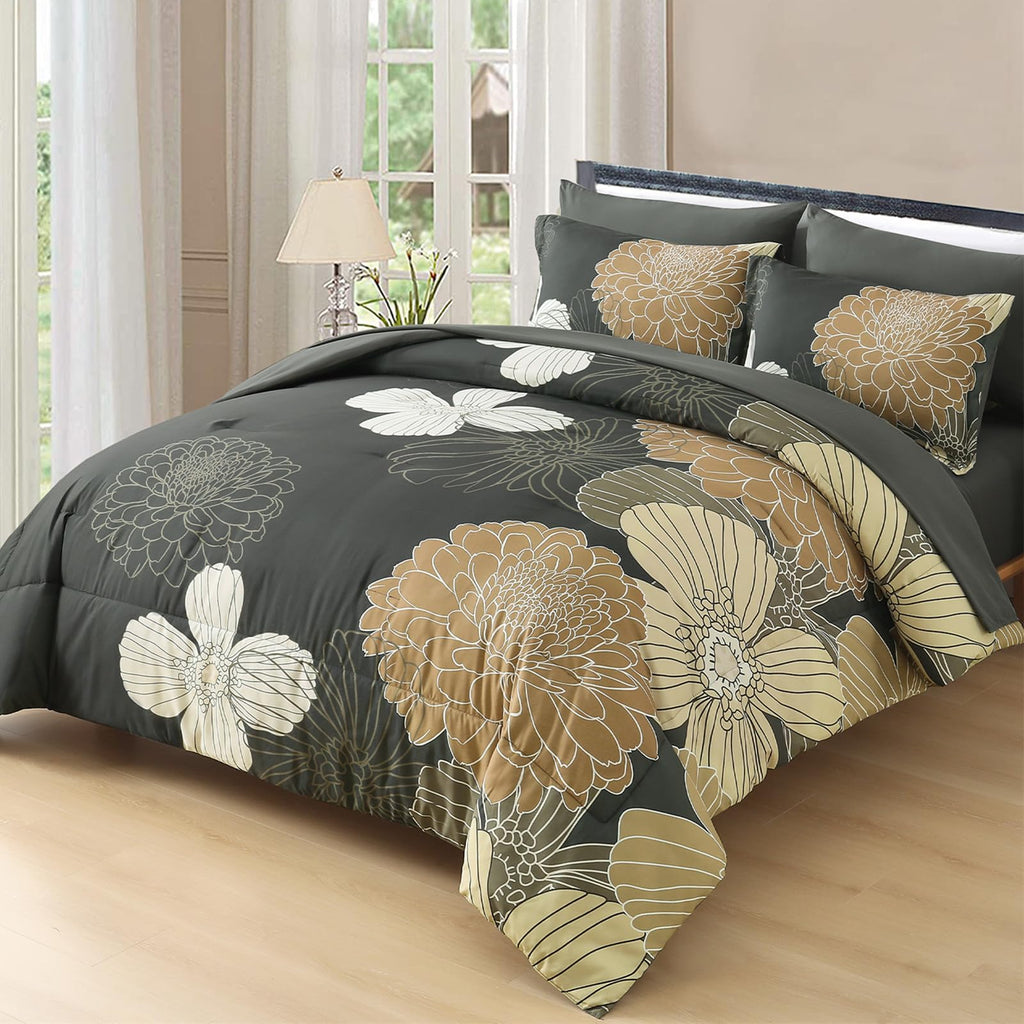 Yiran 7 Pieces Bed in a Bag Blue Floral Comforter Set Queen Size Flowers Comforter Set Soft Microfiber Bedding Set (1 Comforter 1 Flat Sheet 1 Fitted Sheet 2 Pillowshams 2 Pillowcases)