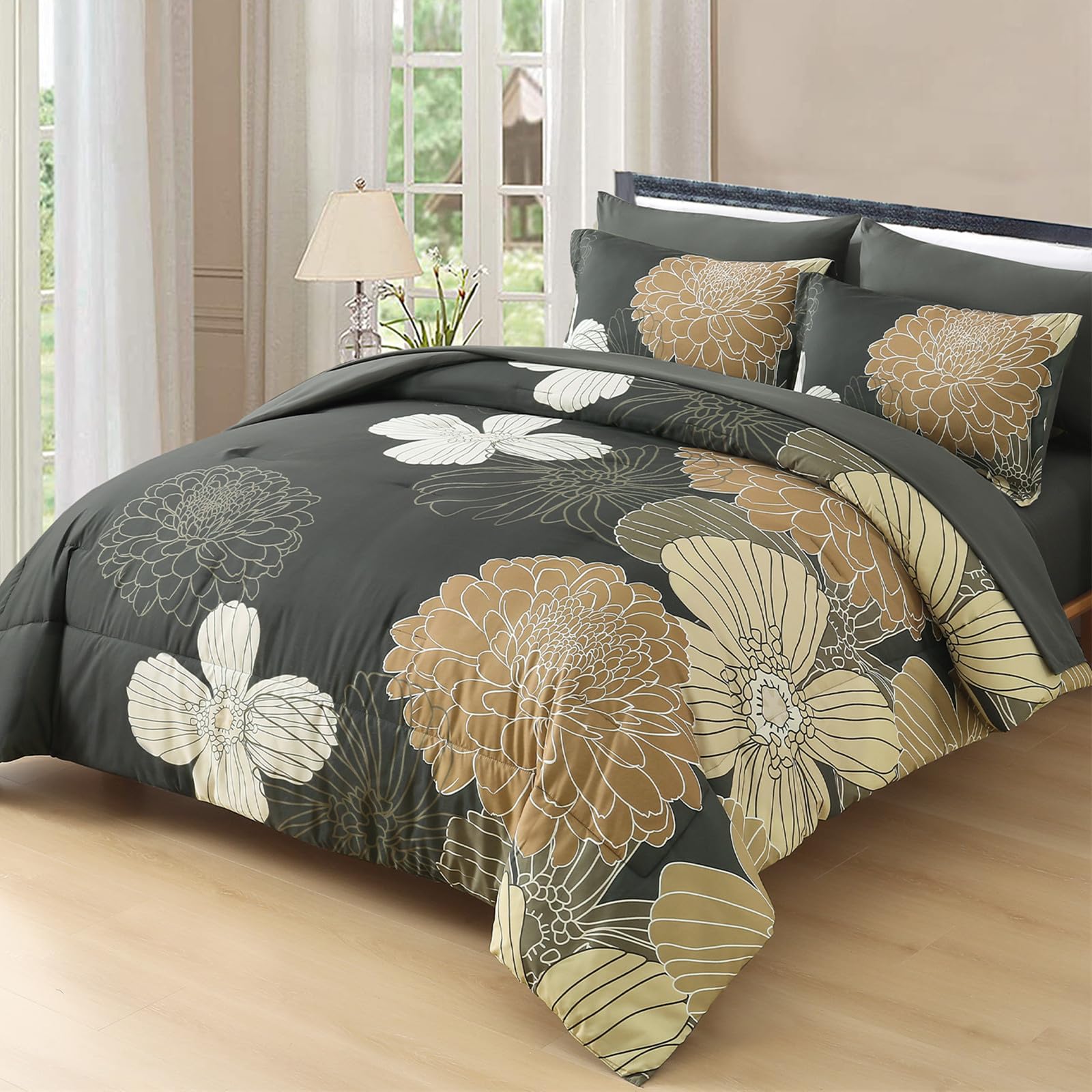 Yiran 7 Pieces Bed in a Bag Blue Floral Comforter Set Queen Size Flowers Comforter Set Soft Microfiber Bedding Set (1 Comforter 1 Flat Sheet 1 Fitted Sheet 2 Pillowshams 2 Pillowcases)