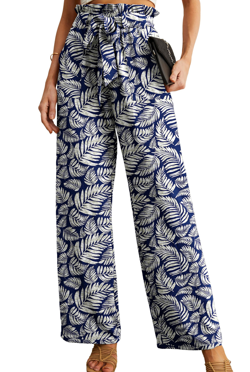 IWOLLENCE Women High Waist Palazzo Pants, Adjustable Knot Ankle Wide Leg Trousers Pockets Beach Vacation Lounge Office