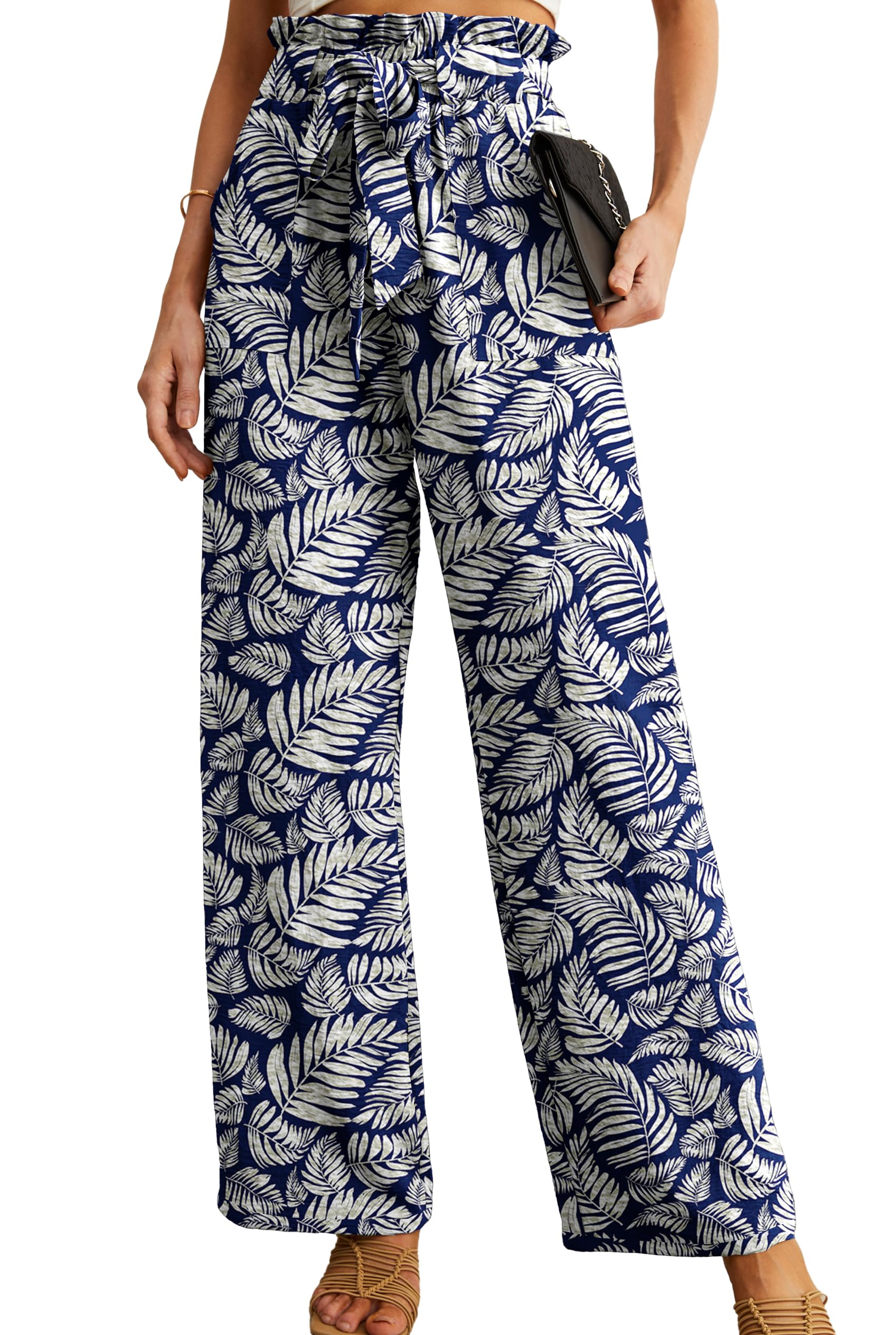 IWOLLENCE Women High Waist Palazzo Pants, Adjustable Knot Ankle Wide Leg Trousers Pockets Beach Vacation Lounge Office