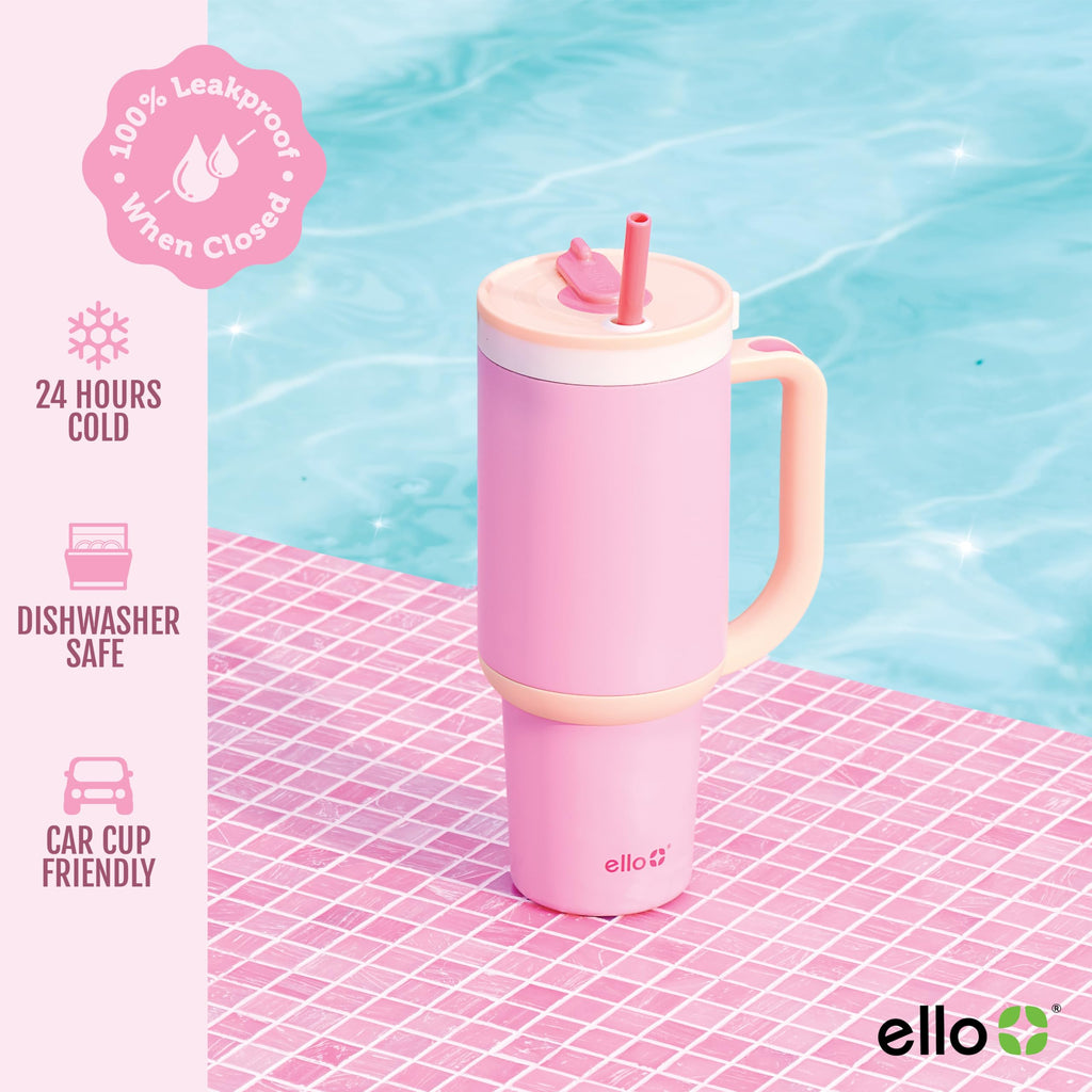 Ello Oasis 24 oz Tumbler with Handle & Retracting Straw | Reusable Insulated Stainless Steel Cup 100% Leakproof, Gifts for Teens Women Men | Keeps cold for 24 Hours, Cup Holder Friendly, Cream Tonal