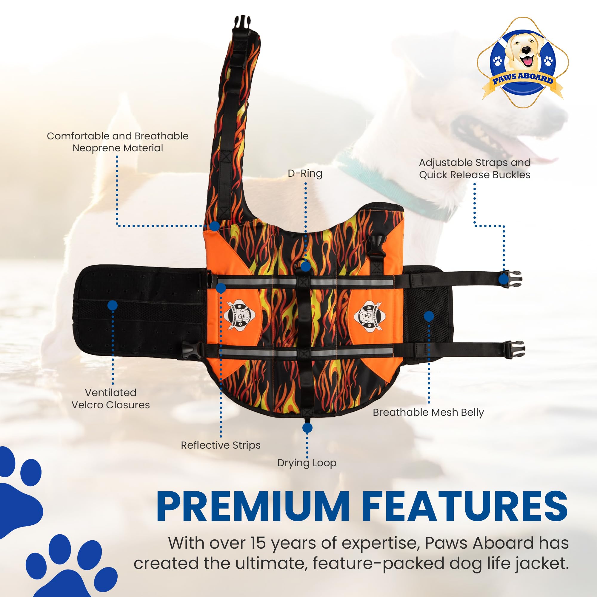 Dog Life Jacket — Premium Swim Vest with SafeChin Anti-Choke Collar | PAWS Aboard Blue & Yellow | RapidLift Rescue Handle, D-Ring, Reflective Trim | Boating, Kayaking, Pool | XX-Small (Under 6 lbs)