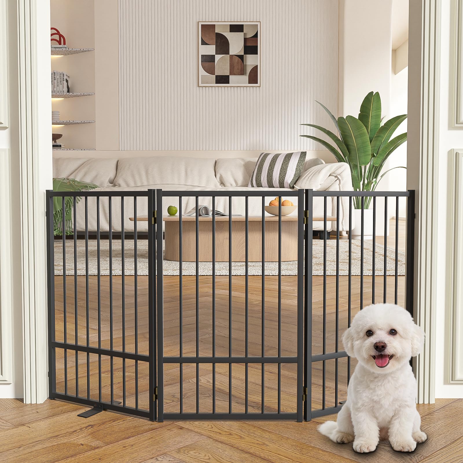SNUOWU Full Metal Freestanding Dog Gate with Door, 24'' Height Foldable Pet Dog Fence for Indoor & Outdoor, 2 Panels Extra Wide Free Standing SmallDog Gates for Doorways,House,Stairs,Porch,Deck,Yard