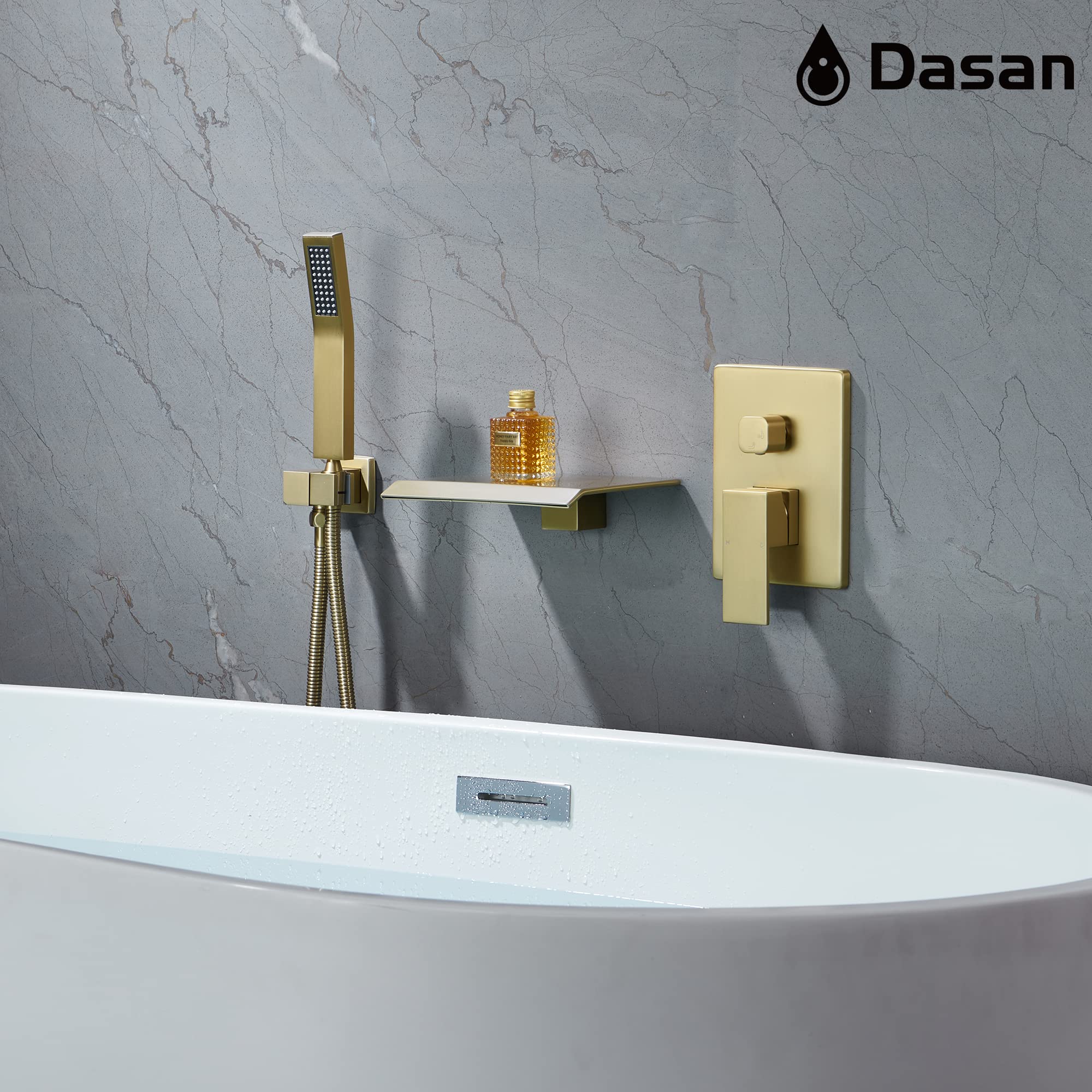 Upgraded Wall Mount Tub Filler Faucet with Handheld Shower, DASAN Modern Wall Mounted Bathtub Faucet Brushed Gold High Flow Waterfall Tub Faucet with Rough in Valve, SA-TF04WH-BG