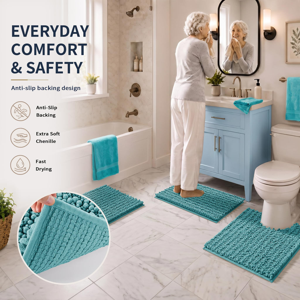 Yimobra Black Bathroom Rug Set 3 Piece - Super Absorbent Quick Dry Chenille Bath Mats & Toilet Rug, Non Slip Machine Washable, Extra Thick Shaggy Floor Mat for Shower Tub Sink