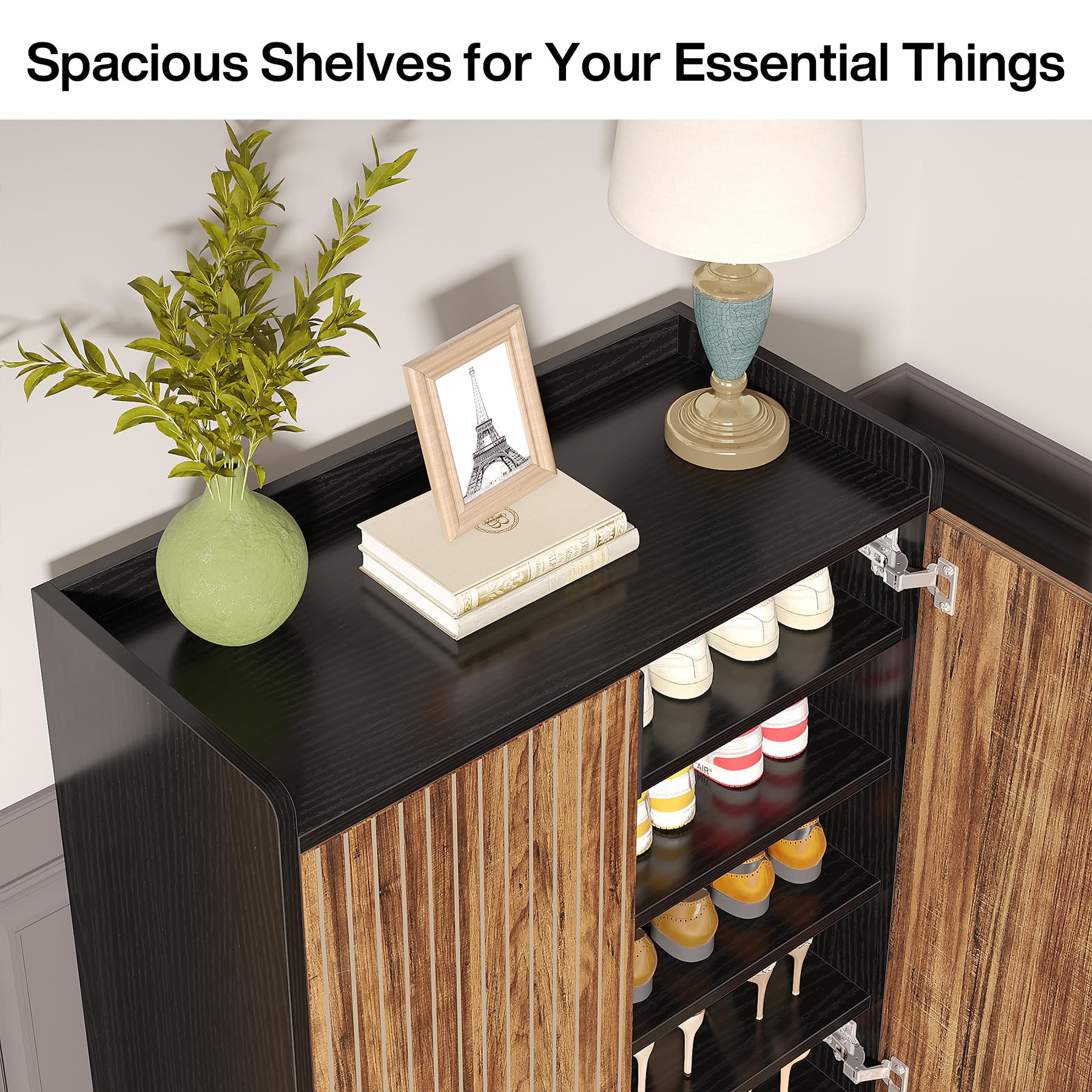 Tribesigns Modern Shoe Cabinet for Entryway, 25 Pairs Shoe Cabinet with Doors, Wood 5-Tier Shoe Organizer, Freestanding Brown Shoe Storage Cabinets with Black Metal Frame for Bedroom Living Room