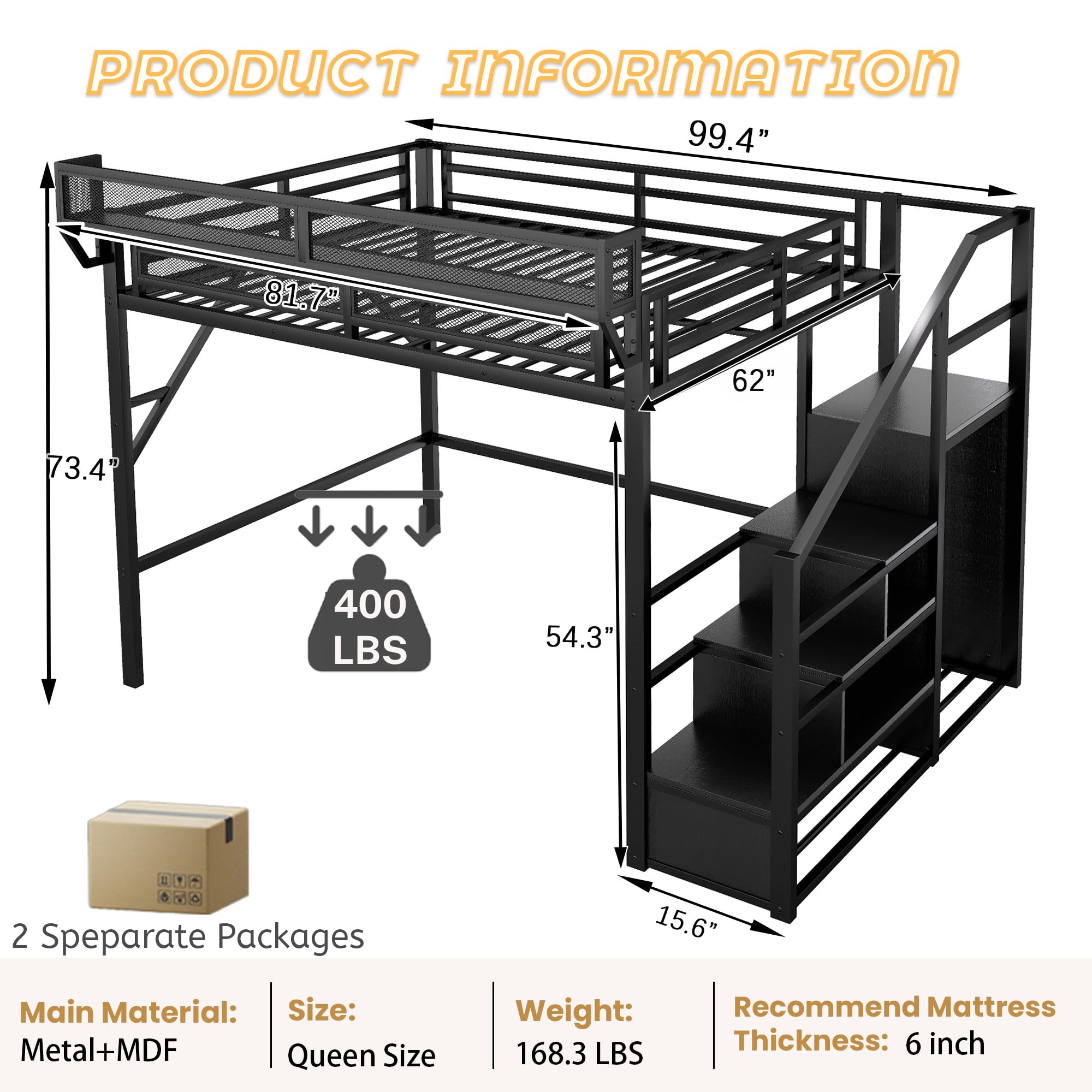 Mirightone Full Size Loft Bed with Stairs, Metal Loft Beds, High Loft Bed Frame with Storage Shelves, Lofted Full Bed with Wardrobe for Kids and Teens, No Box Spring Needed (Black)