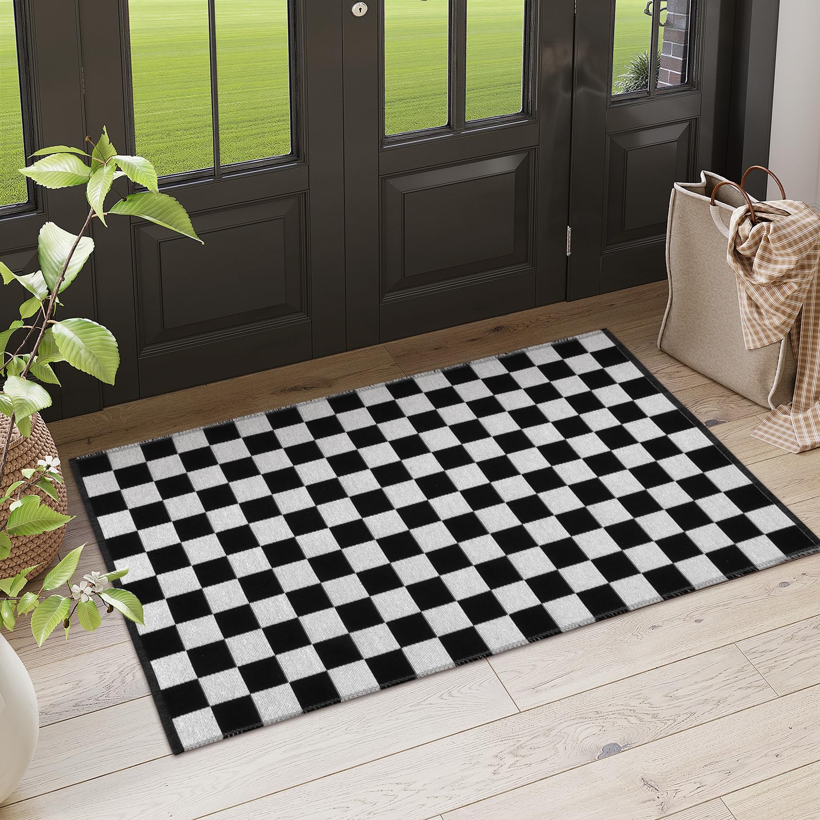 Seavish Checkered Rug, 2x3 Ft Black and White Moroccan Checkerboard Rug Washable Cotton Woven Washable Outdoor Rugs Reversible Floor Mat for Front Door Bedroom Entryway Kitchen Entryway