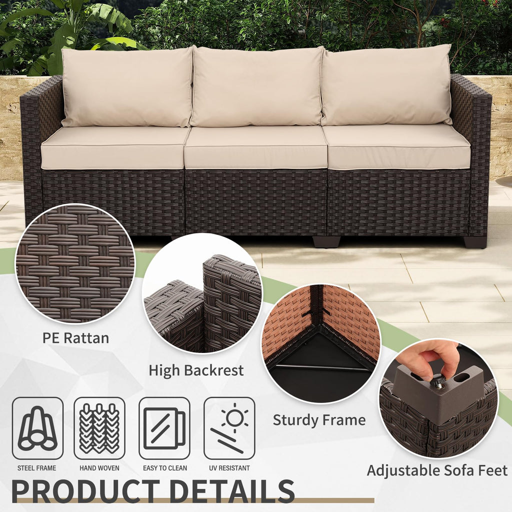 WAROOM Patio Couch PE Rattan 3-Seat Outdoor Sofa Brown Wicker Furniture Set Deep Seating with Anti-Slip Beige Cushion