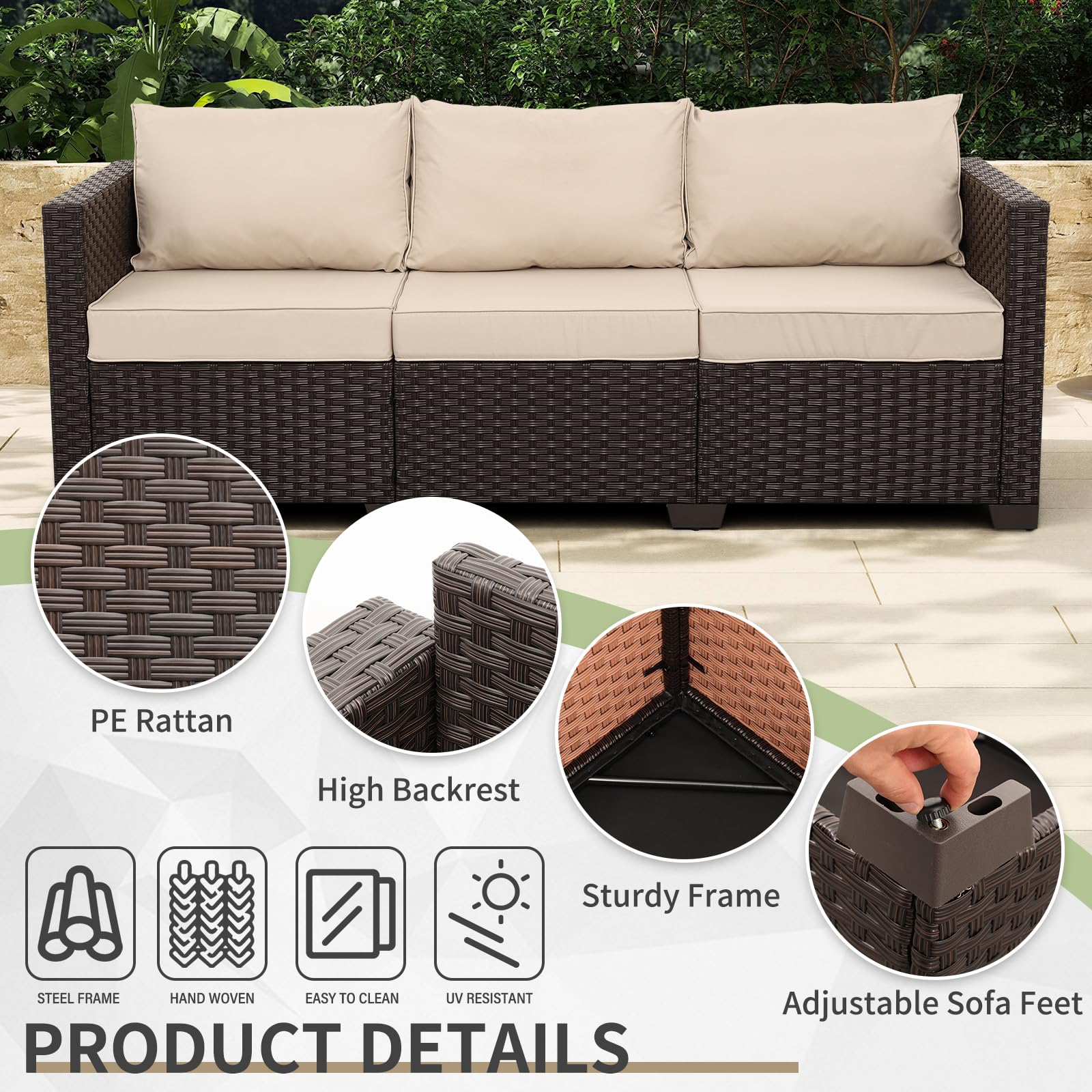 WAROOM Patio Couch PE Rattan 3-Seat Outdoor Sofa Brown Wicker Furniture Set Deep Seating with Anti-Slip Beige Cushion