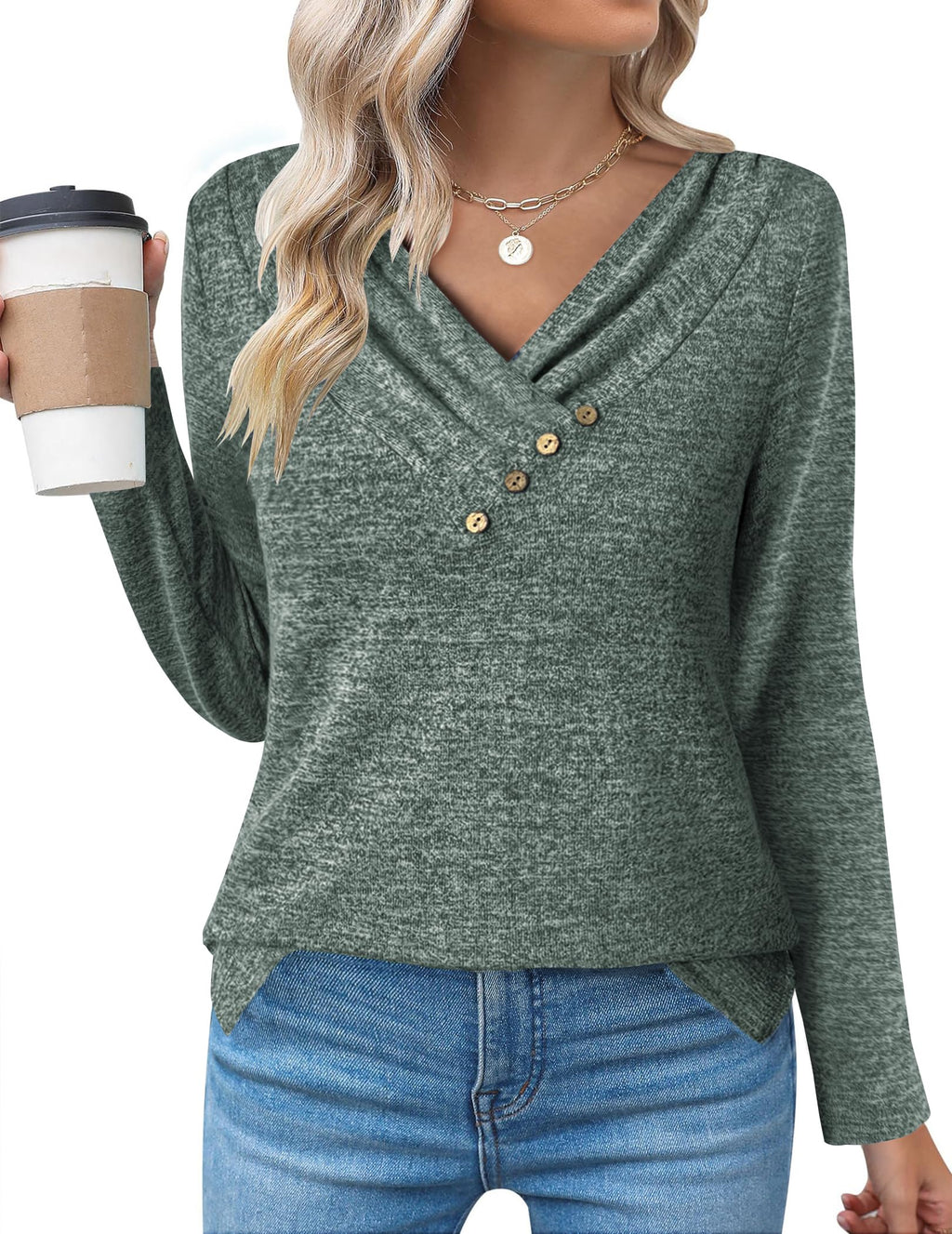 Zeagoo Women's Casual Tunic Tops Long Sleeve Shirts for Leggings V Neck Button Fall Pullover Blouse Loose Sweatshirts