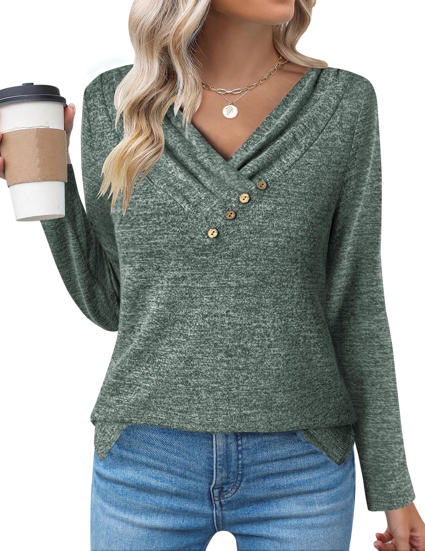 Zeagoo Women's Casual Tunic Tops Long Sleeve Shirts for Leggings V Neck Button Fall Pullover Blouse Loose Sweatshirts