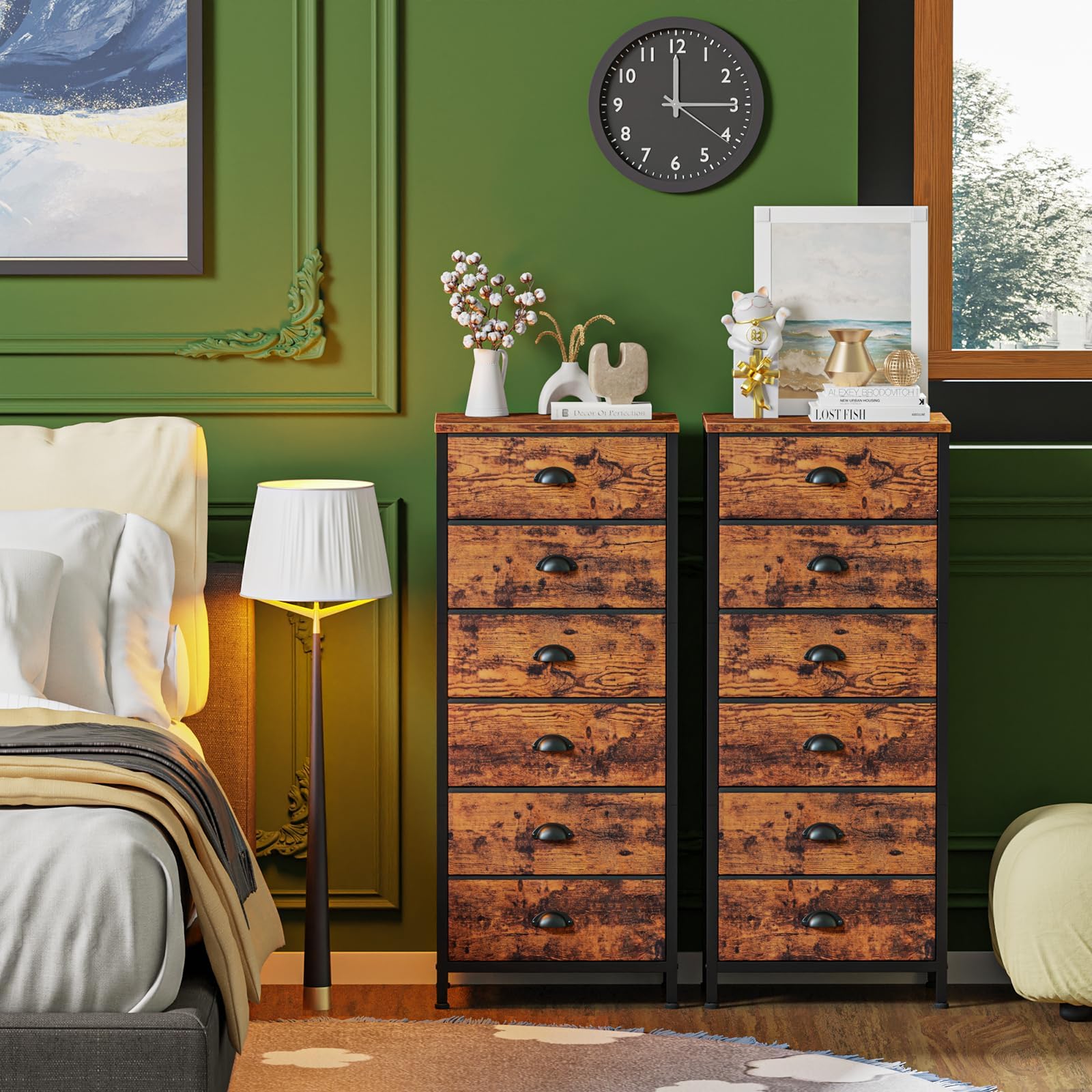 Furnulem Tall Dresser with 6 Drawers,Vertical Bedside End Table & Chest for Bedroom,Black Storage Tower Dorm Nightstand with Fabric Drawer Organizer Unit Furniture in Living Room,Closet,Hallyway