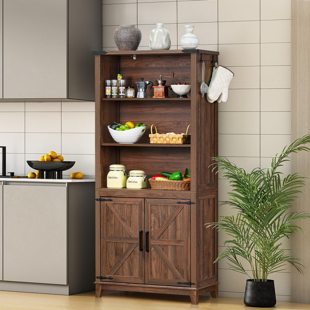 Joaxswe 70in Tall Bookshelf 5 Tier Bookcase with Barn Doors and Adjustable Shelves, Black Farmhouse Book Shelf with Storage Cabinet, Wood Freestanding Display Bookshelves for Bedroom, Living Room
