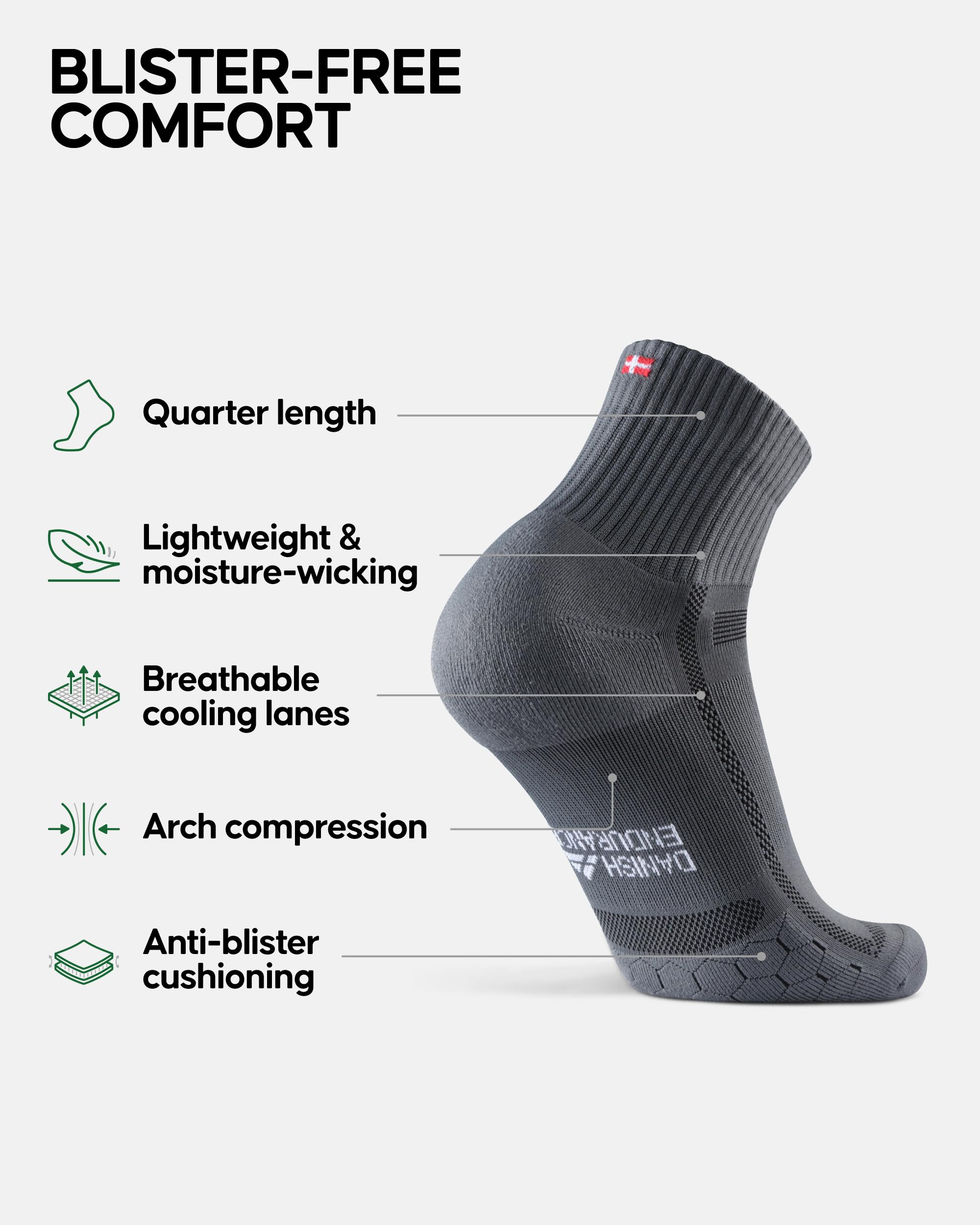 DANISH ENDURANCE Ultra-Comfort Quarter Running Socks, Performance Socks, Men & Women - 3 or 5 Pack