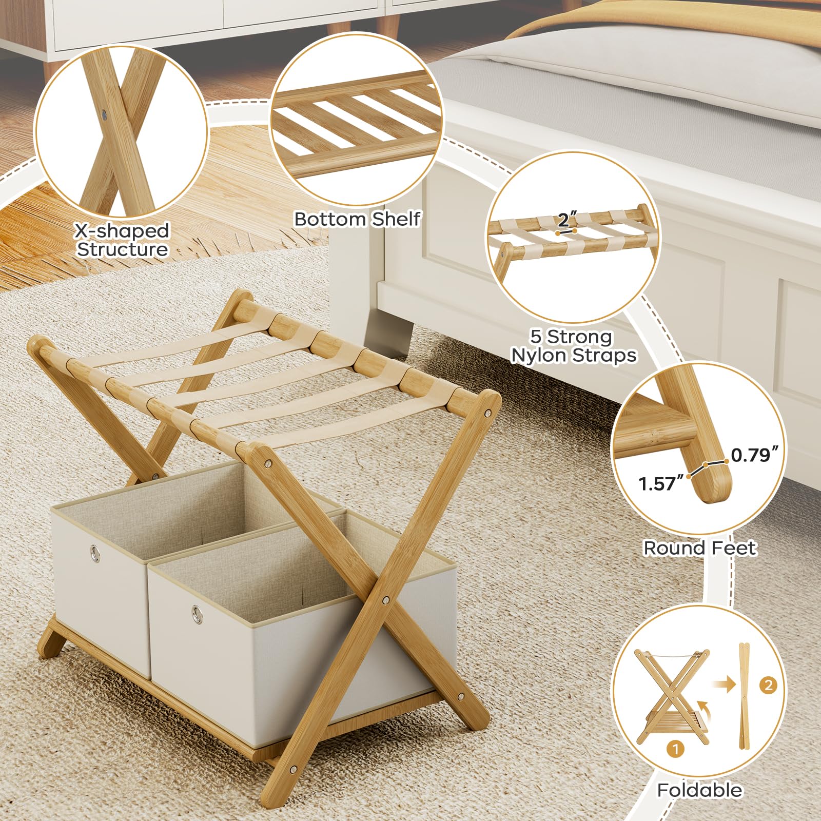 oakvivo Fully Assembled Black Luggage Rack for Guest Room, Bamboo Foldable Suitcase Stand with 5 Nylon Straps, Upgraded Luggage Rack Holder with Shelf for Bedroom Hotel, Holds up to 165 Lbs, 1pcs