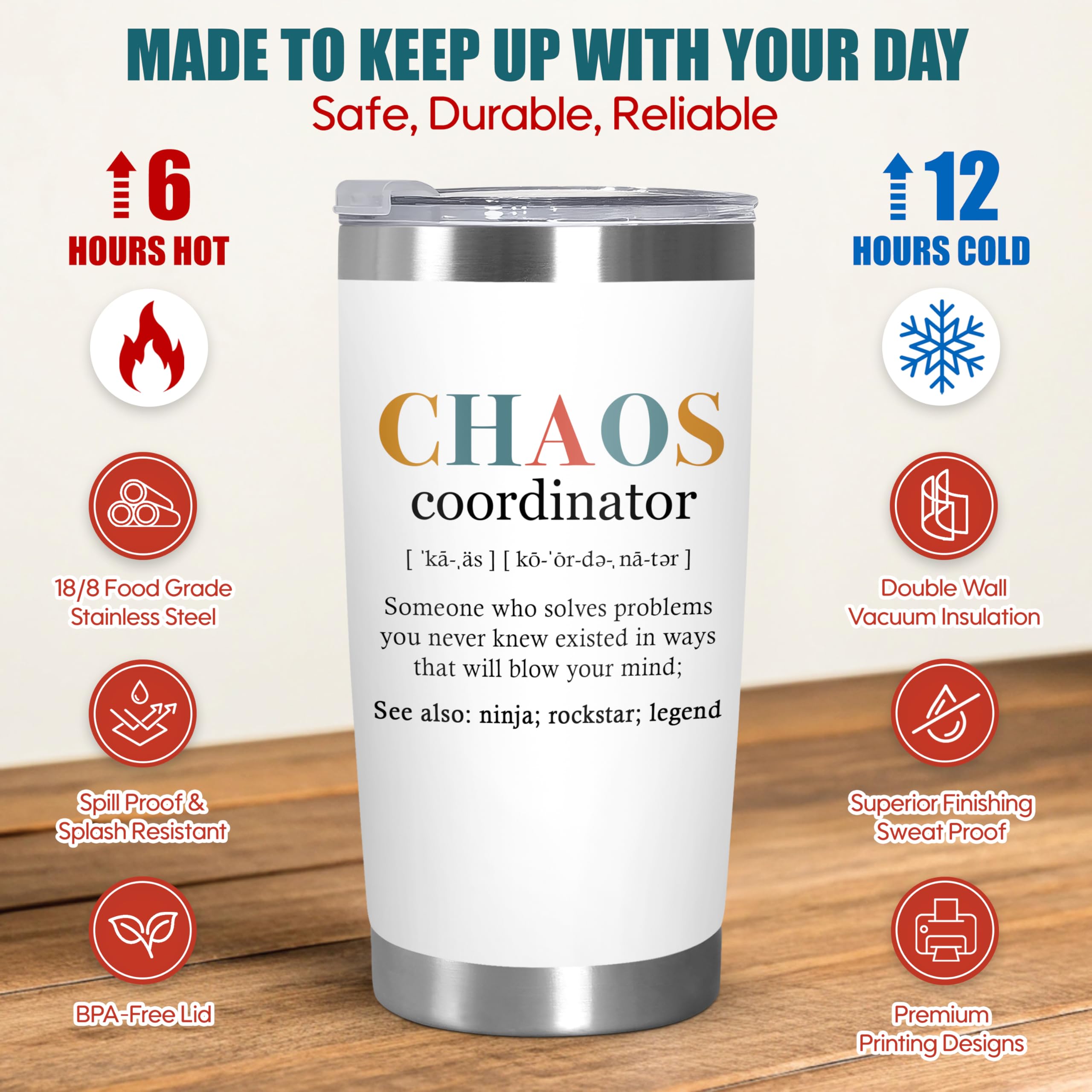 TEEZWONDER Thank You Gifts for Women - Chaos Coordinator 20 oz Stainless Steel Insulated Tumbler with Lid - Employee Appreciation Birthday Gifts for Women Coworkers Boss Teacher Nurse Friend