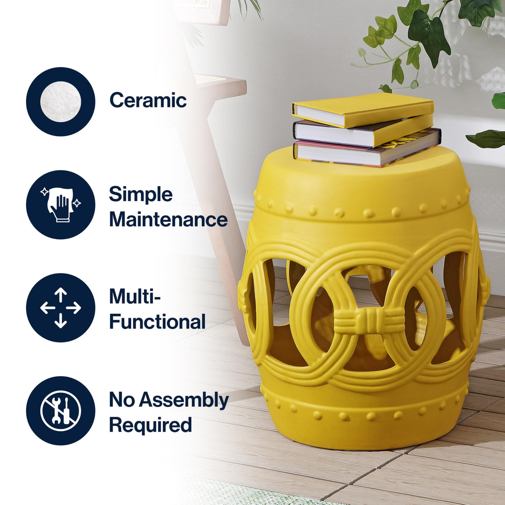 JONATHAN Y Lucky Coins 16" Ceramic Garden Stool, Contemporary Blue/White Cutout Interlocking Rings Drum Indoor/Outdoor Side Table and Plant Stand for Patio, Garden, Living Room TBL1027A