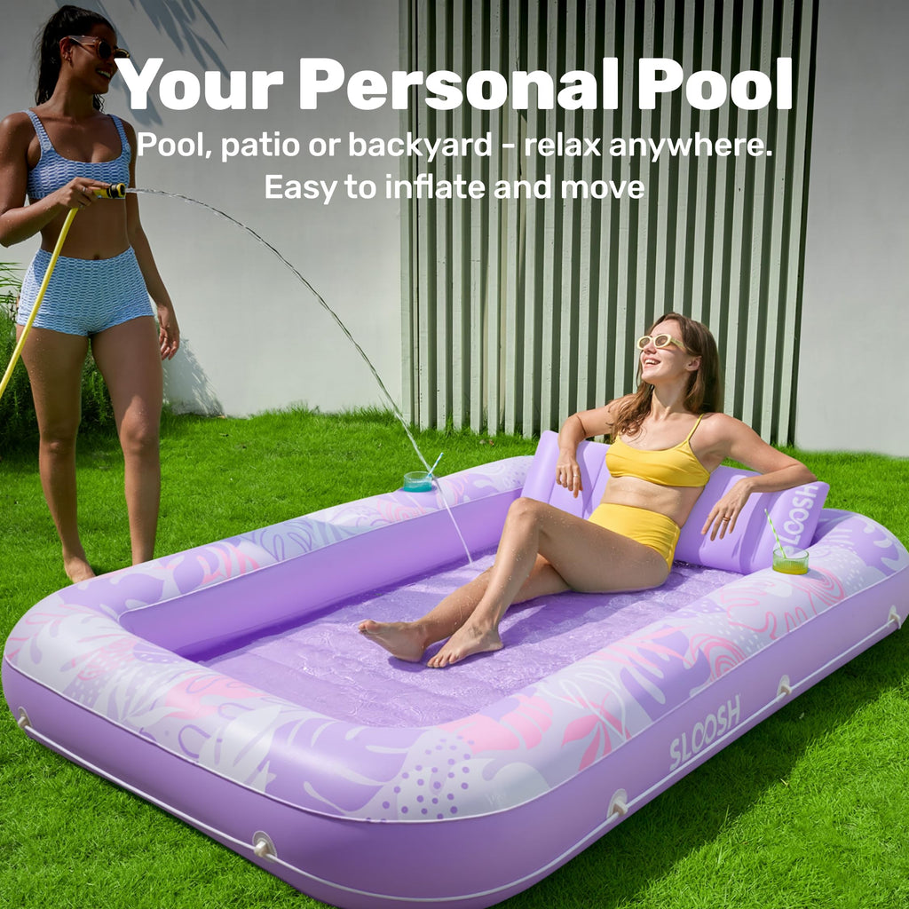 SLOOSH Inflatable Tanning Pool Lounger Float, 85" x 57" Extra Large Pool Floats Adult with Pillow, 4 in 1 Suntan Tub Raft Floatie,Sunbathing Bed Lounge for Water Blow Up Ball Pit Party Gifts, XL-Blue