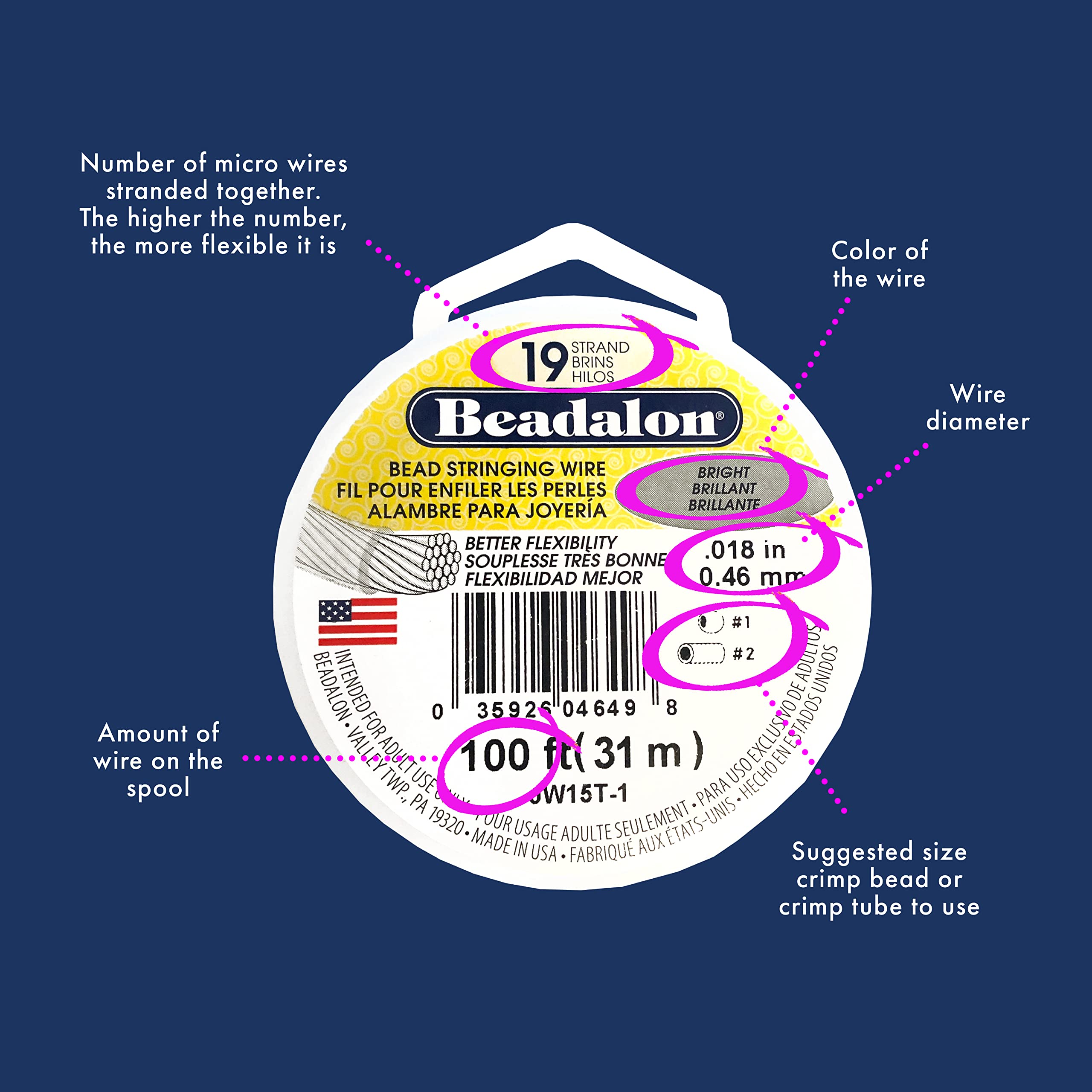 Beadalon 19 Strand Stainless Steel Bead Stringing Wire, .010 in / 0.25 mm, Bright, 100 ft / 31 m