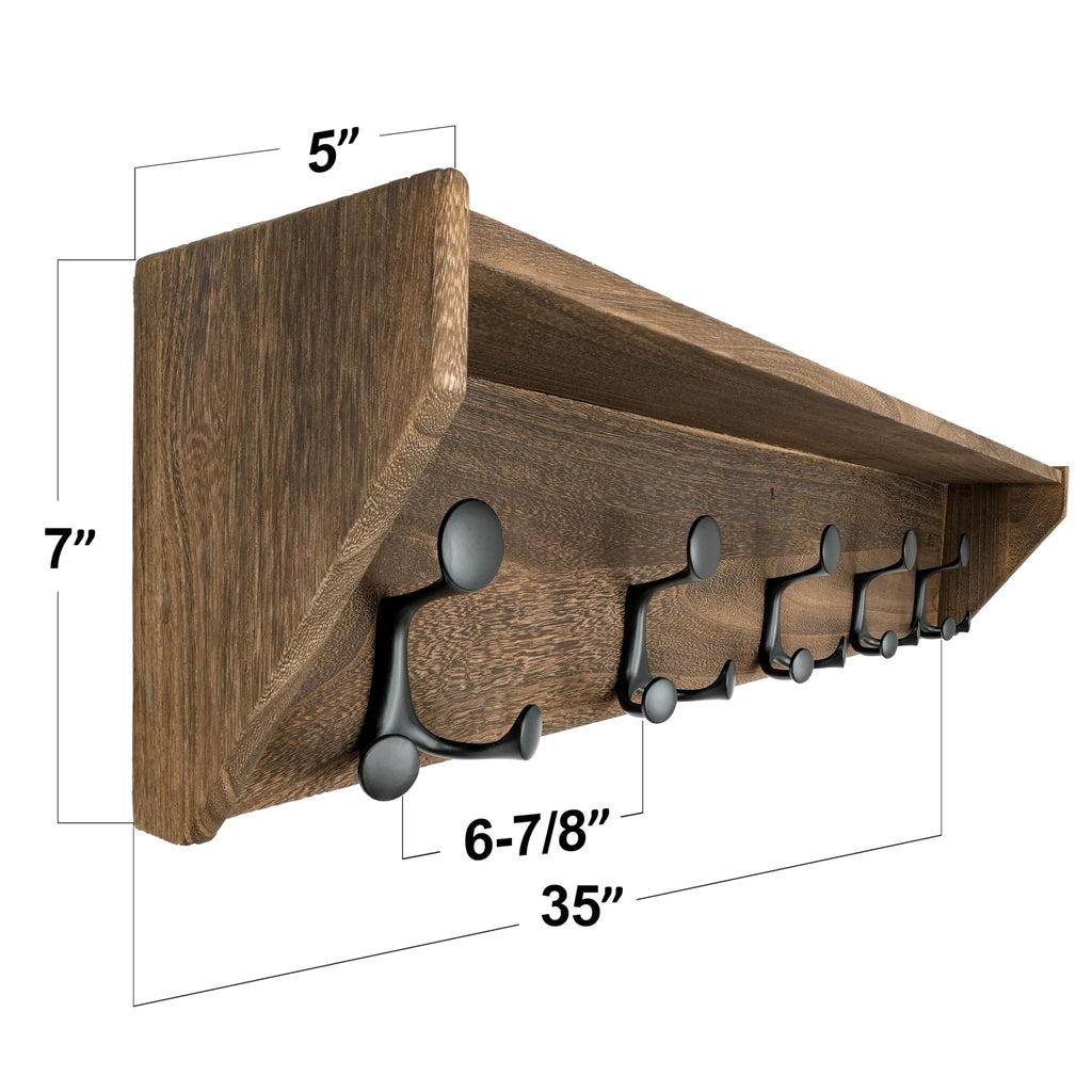 SKOLOO Wall Shelf with Hooks, 24-Inch Cherry Coat Rack Wall Mount with Shelf Organizer - Heavy Duty, 4 Tri Hooks - Perfect for Entryway, Hallway, Living Room, Bedroom, Mudroom
