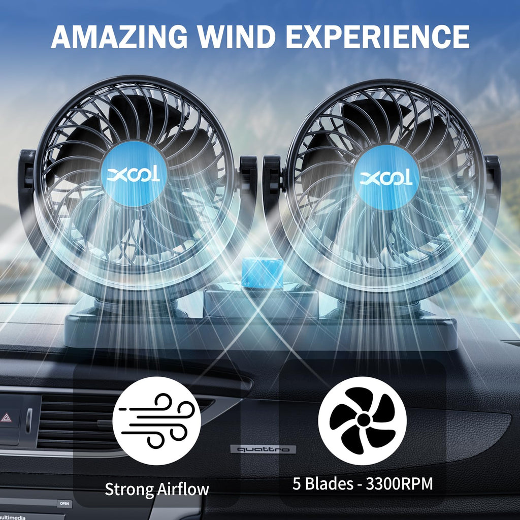 XOOL Clip Car Fan, 9 Inches 12V/24V Fan, 360° Rotatable Electric Cooling Clip on Fan with Stepless Speed Regulation for SUV, RV, Truck