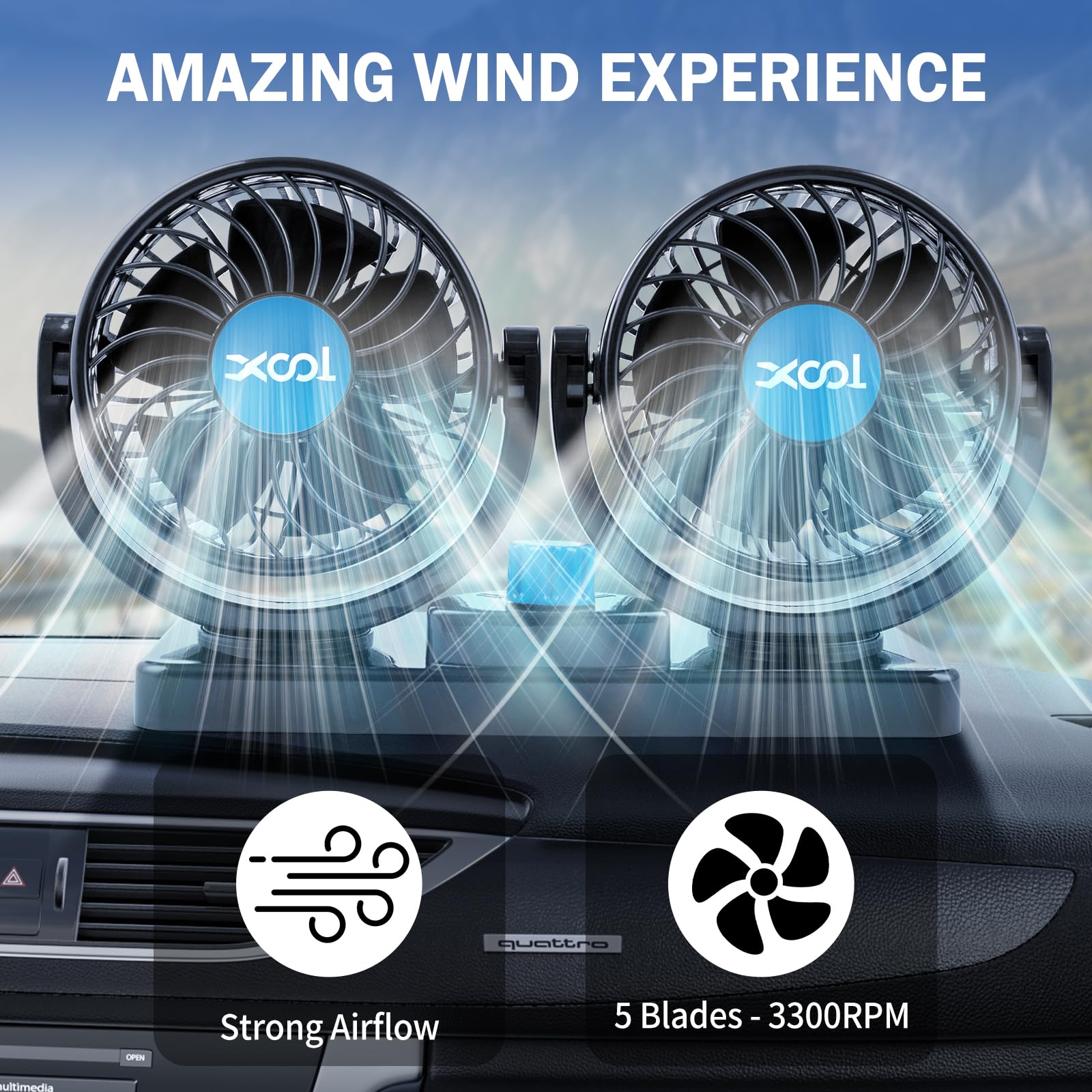 XOOL Clip Car Fan, 9 Inches 12V/24V Fan, 360° Rotatable Electric Cooling Clip on Fan with Stepless Speed Regulation for SUV, RV, Truck
