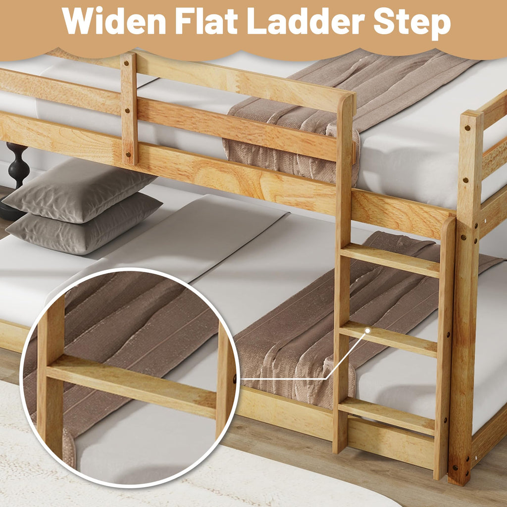 Bunk Bed Twin Over Twin, Wood Low Profile Floor Twin Bunk Beds with Headboard Ladder Guardrails for Kids Boys and Girls, No Box Spring Needed
