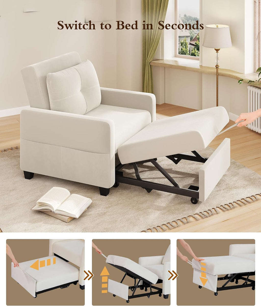 Sleeper Sofa Chair, 3 in 1 Convertible Sleeper Chair with Adjustable Backrest, 32" Pull Out Couch Bed 400lbs Support, Comfy Velvet Small Sofa Bed for Small Space with Pillow & 2 Pockets, Beige