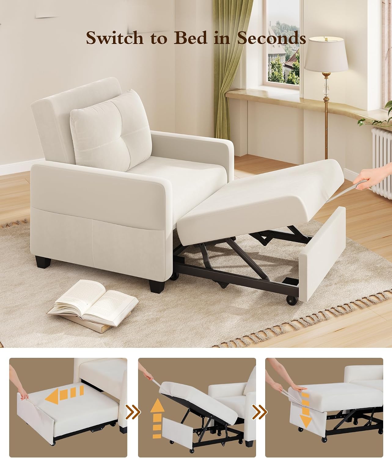 Sleeper Sofa Chair, 3 in 1 Convertible Sleeper Chair with Adjustable Backrest, 32" Pull Out Couch Bed 400lbs Support, Comfy Velvet Small Sofa Bed for Small Space with Pillow & 2 Pockets, Beige