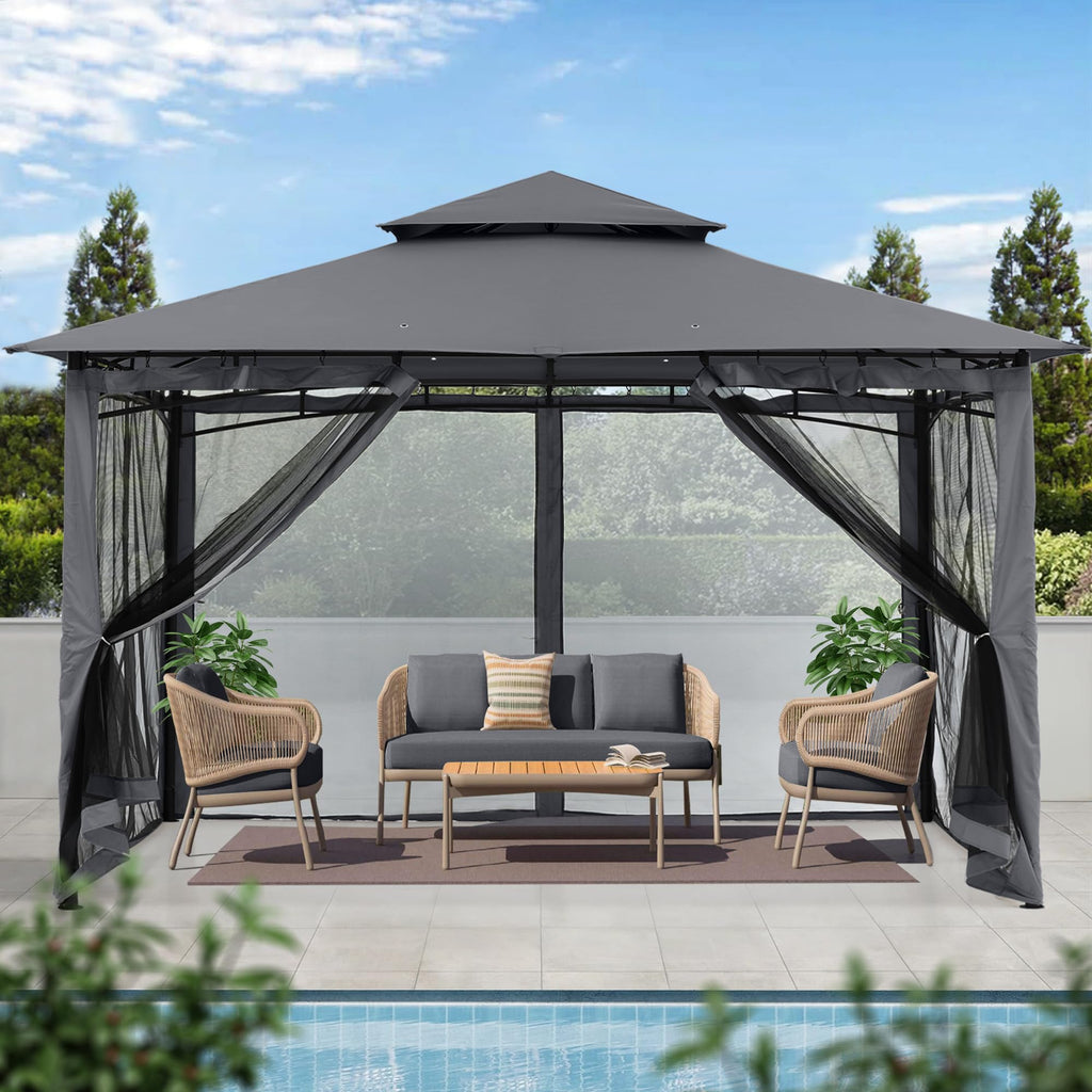 MASTERCANOPY Outdoor Garden Gazebo for Patios with Stable Steel Frame and Netting Walls (9x9,Beige)