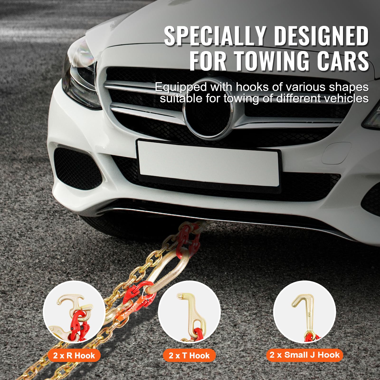 VEVOR G80 V Bridle Chain, 3/8" x 2' Towing Chain Bridle with 15" J Hooks, T Hooks & Grab Hooks, Heavy Duty Transport Tow Chain Bridle with 7800 lbs Safe Working Load for Flatbed Truck Wrecker Recovery