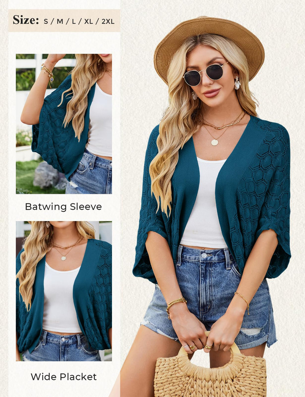 GRACE KARIN Summer Cropped Cardigan for Women 2026 Batwing Sleeve Crochet Bolero Shrug Sweaters Lightweight Beach Boho Kimono