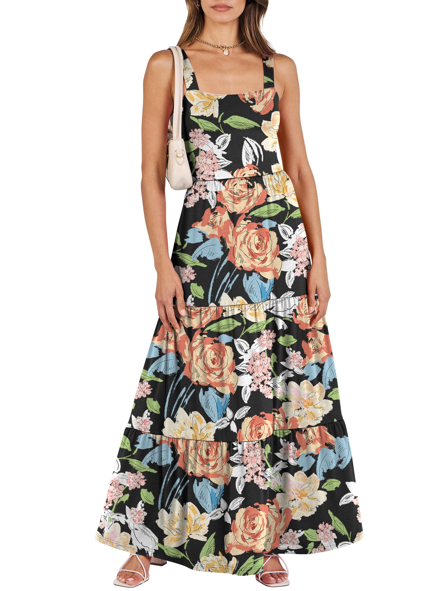 ANRABESS Women's Summer Casual Long Maxi Beach Vacation Dresses Sleeveless Square Neck Flowy Tiered Sun Dress with Pockets
