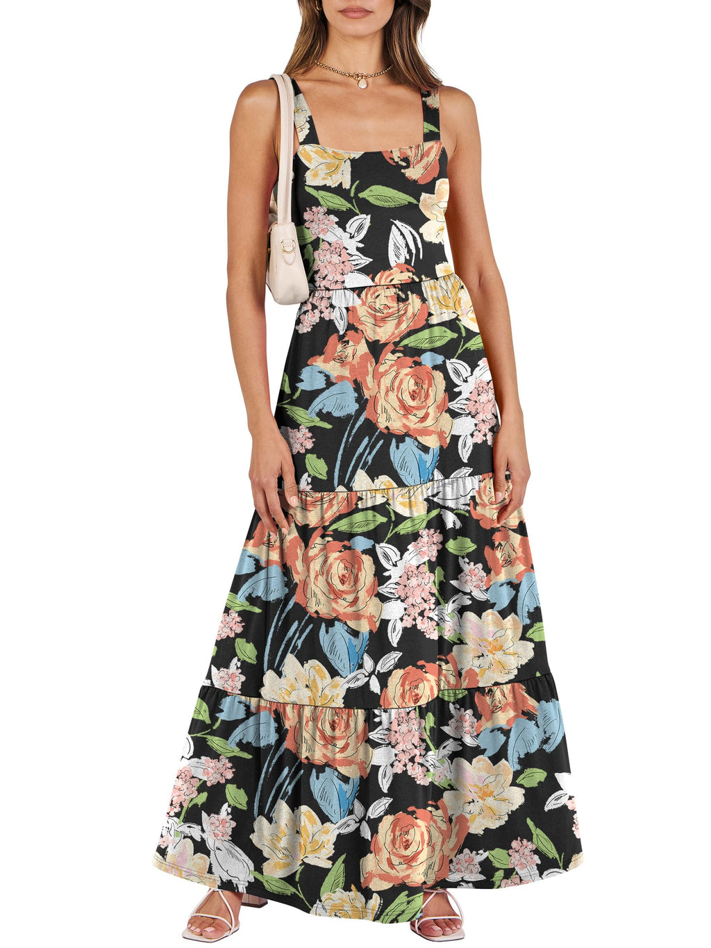 ANRABESS Women's Summer Casual Long Maxi Beach Vacation Dresses Sleeveless Square Neck Flowy Tiered Sun Dress with Pockets