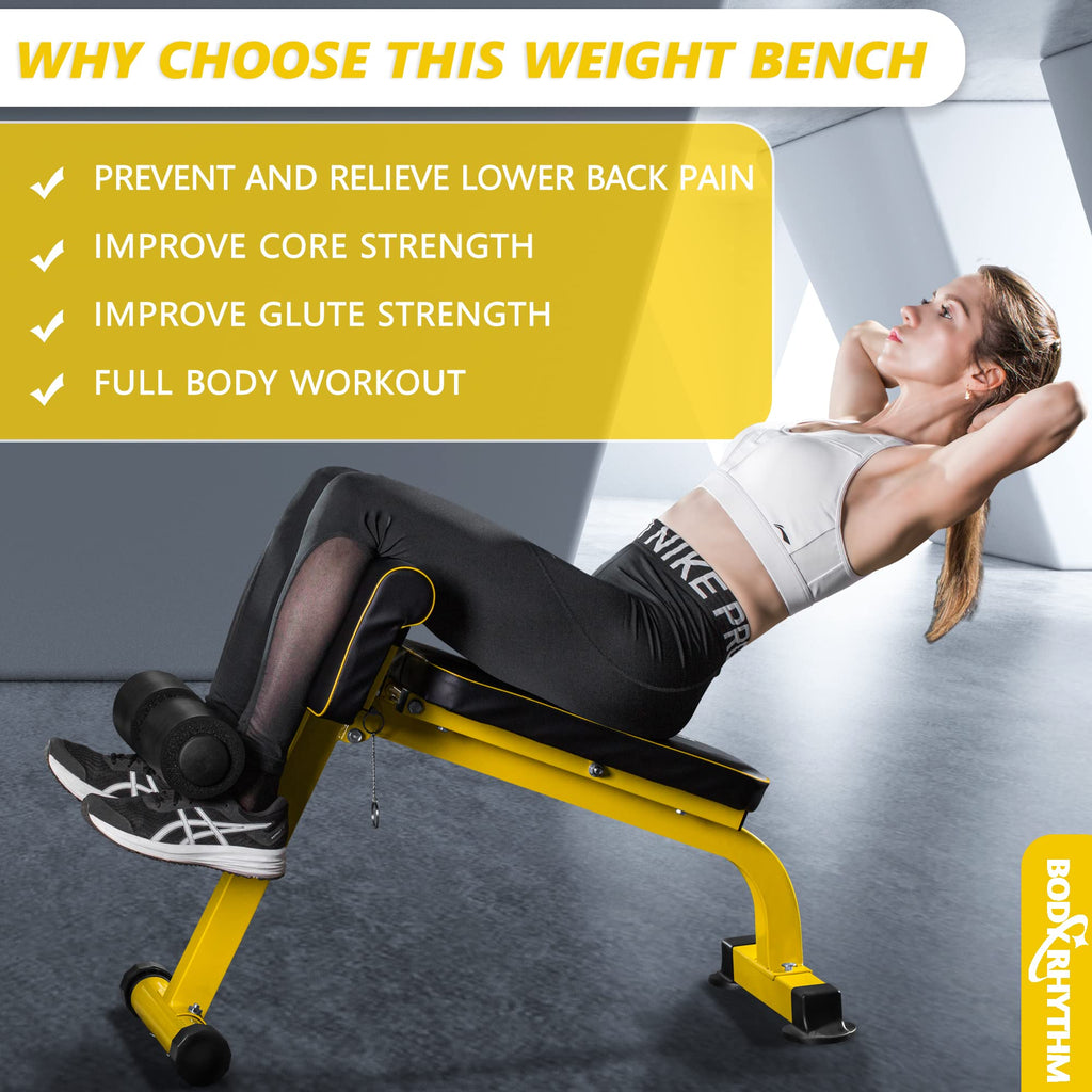 BODYRHYTHM Compact Adjustable Weight Bench for Full Body Strength Training, Ab/Back Hyper Roman Chair, Adjustable Ab Sit up Bench, Incline Decline Bench, Flat Bench, Hyperextension Bench, Back Extension Machine