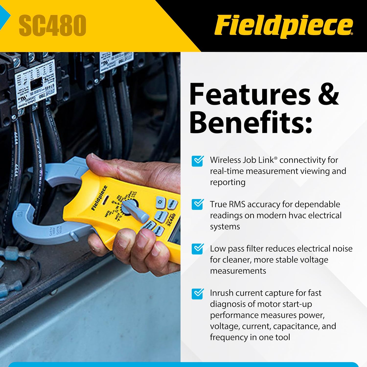 Fieldpiece SC480 Wireless Power Clamp Meter - True RMS HVACR Multimeter w/Job Link App Connectivity - Inrush Current, 3-Phase Testing, Low Pass Filter, CAT IV 600V - HVAC Tools