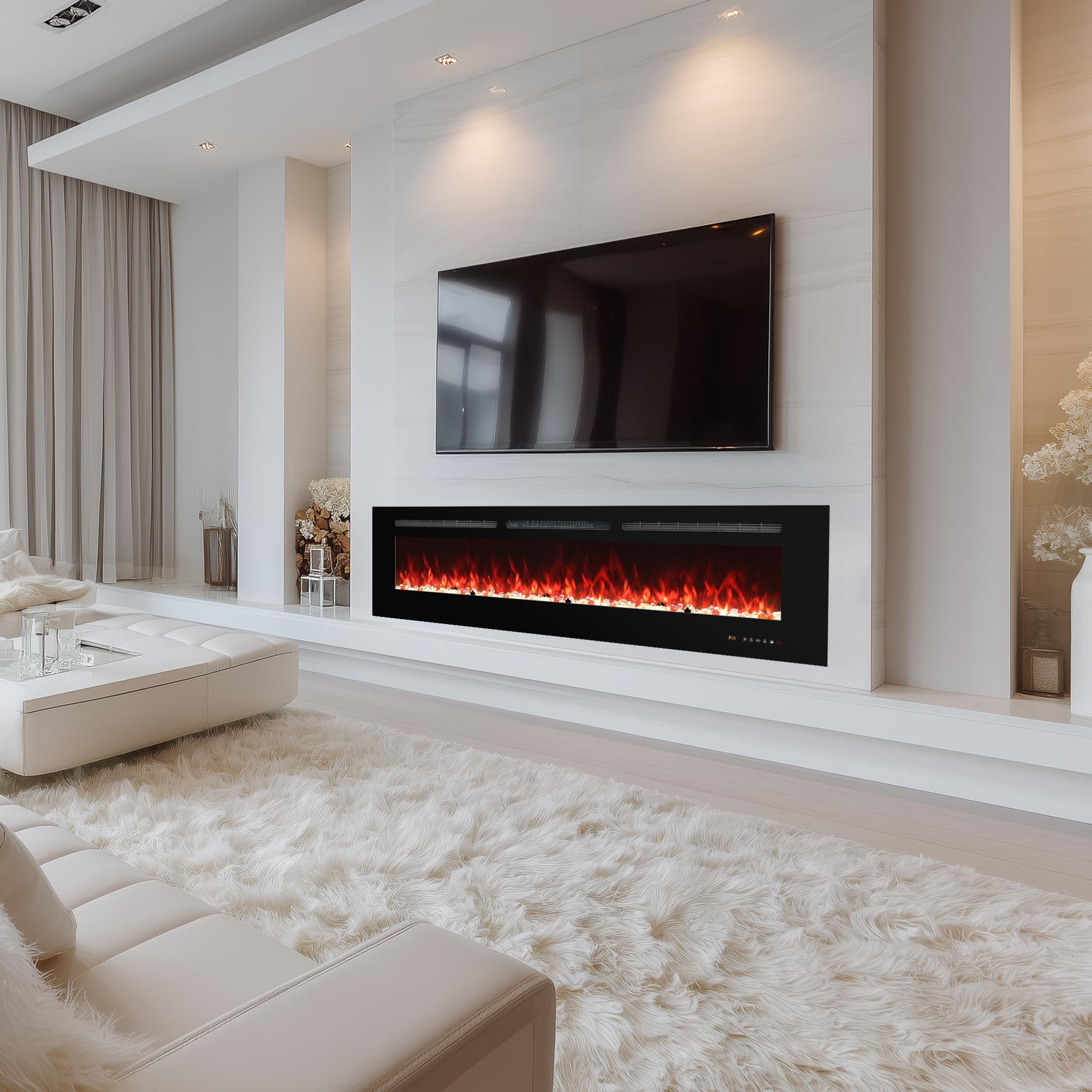 Electric Fireplace 30 inch Wide, Wall Mounted Fireplace Inserts Electric Heater, 13 * 13 Flame Effects Like Real Flame, Low Noise, Timer & Thermostat Setting, 750W/1500W, Black