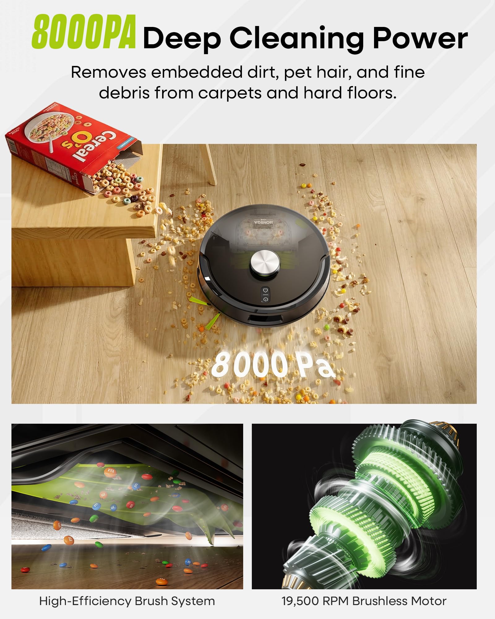MONSGA Robot Vacuum and Mop, 90 Days Self-Emptying Robotic Vacuum, 8000Pa Suction, Dual Anti-Tangle, LiDAR Navigation, Self-Charging, WiFi/App/Alexa Control, Vacuums for Pet Hair Carpet Hard Floor