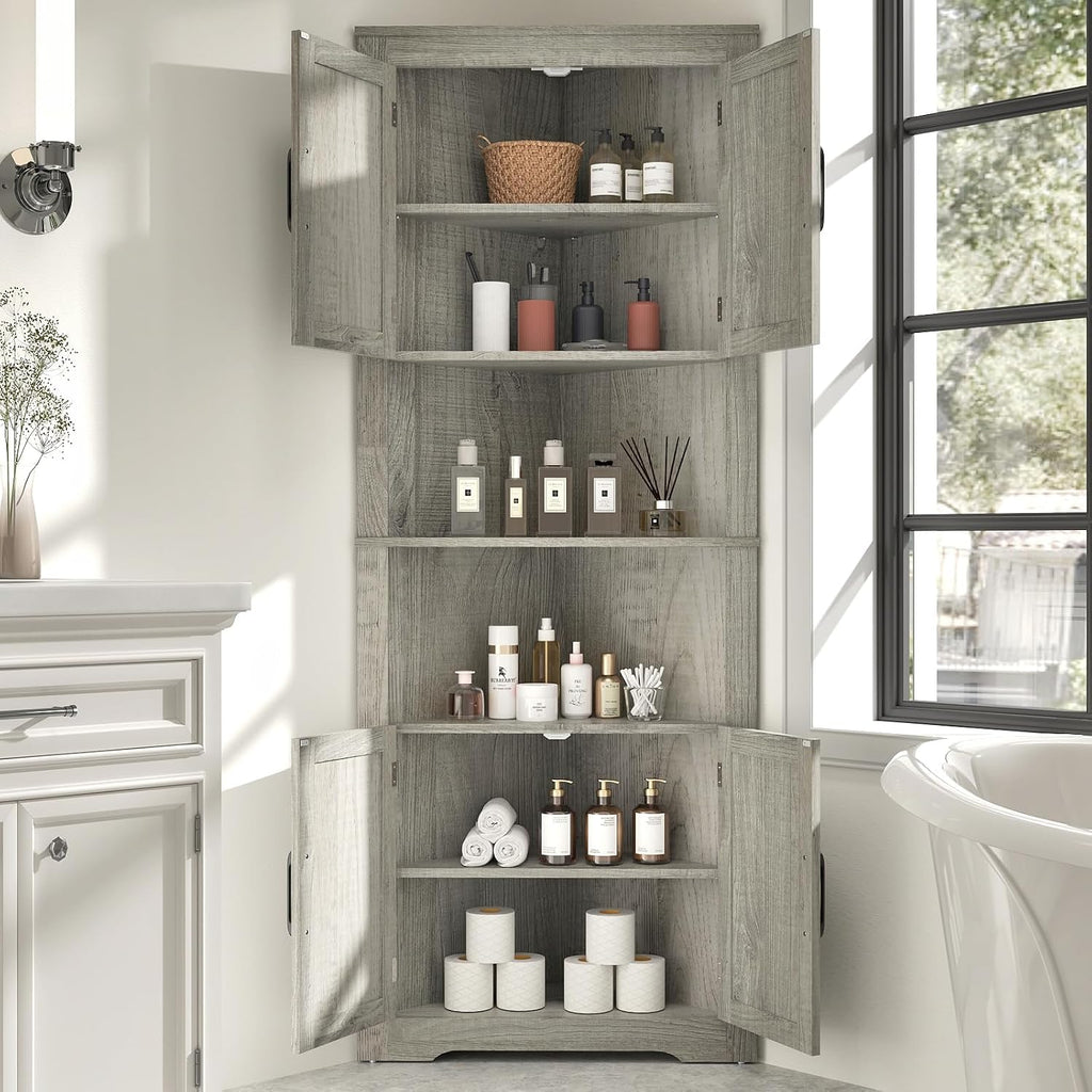 Corner Cabinet 67” Tall, Farmhouse Corner Storage Cabinet with Doors and 5 Shelves, Home Space Saver for Kitchen, Living Room, Gray