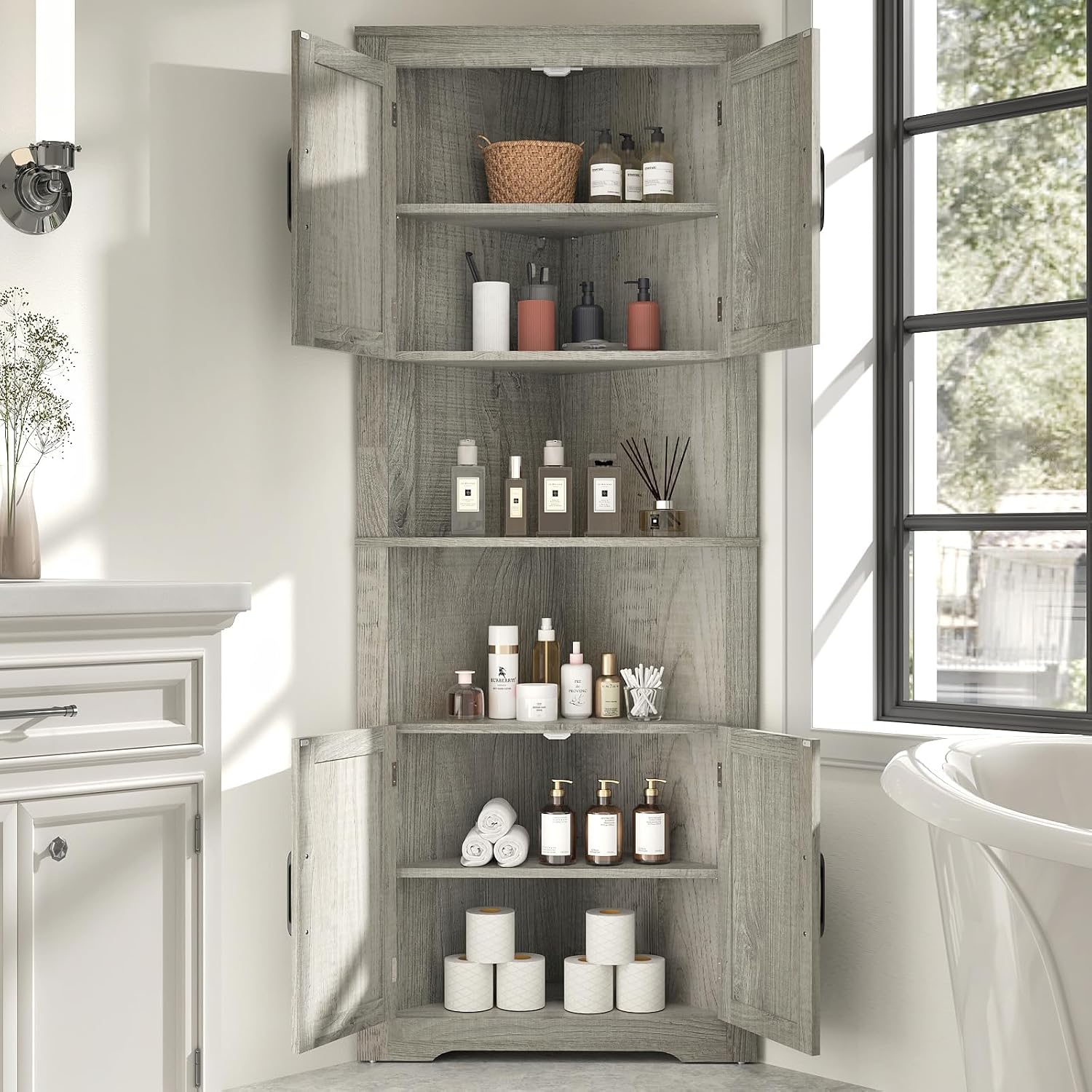 Corner Cabinet 67” Tall, Farmhouse Corner Storage Cabinet with Doors and 5 Shelves, Home Space Saver for Kitchen, Living Room, Gray