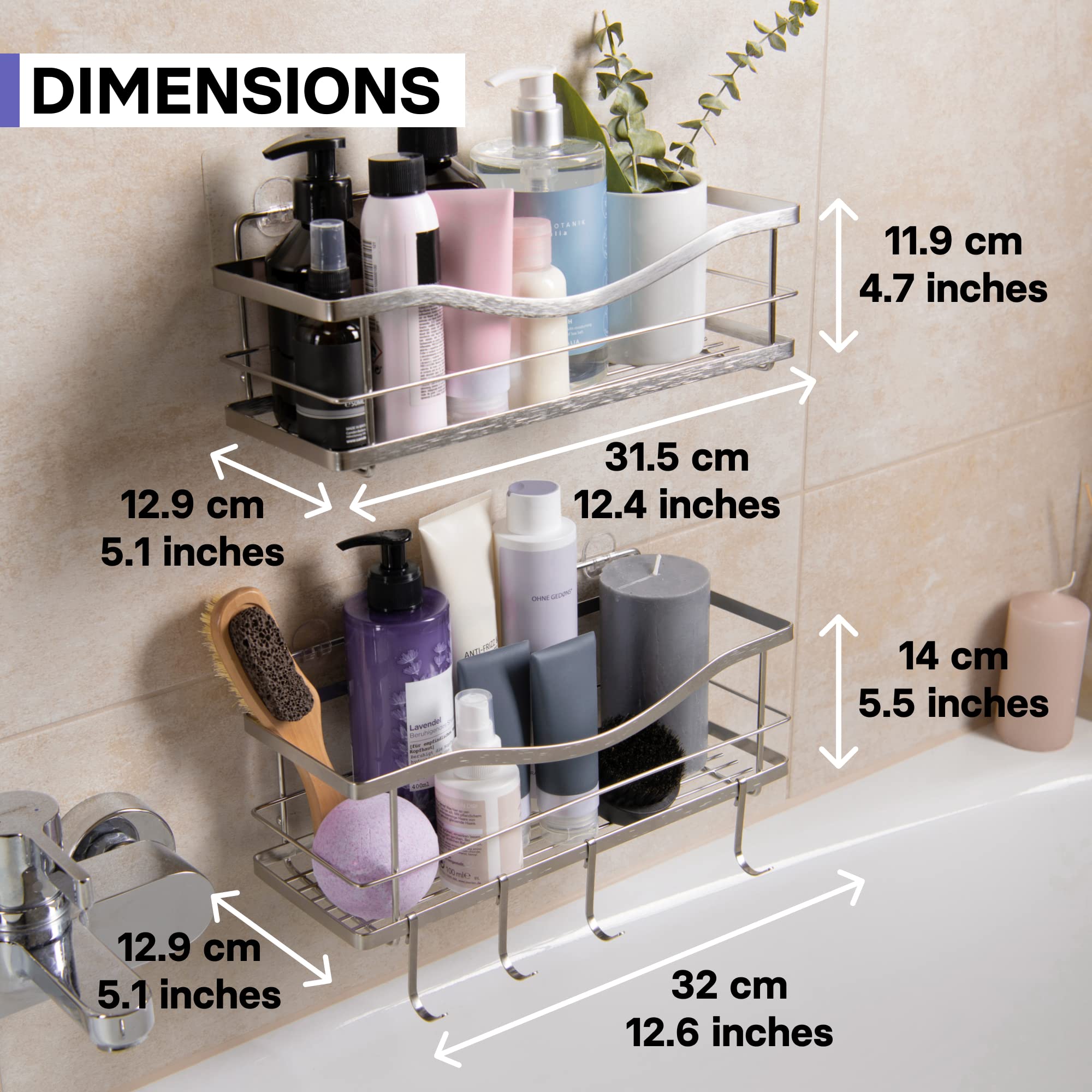 KINCMAX Premium Shower Caddy, Self Adhesive Shower Organizer w/ 4 Hooks, No Drill Shelves for Inside Shower, Rustproof Stainless Steel Shower Rack for Bathroom, Matte Black