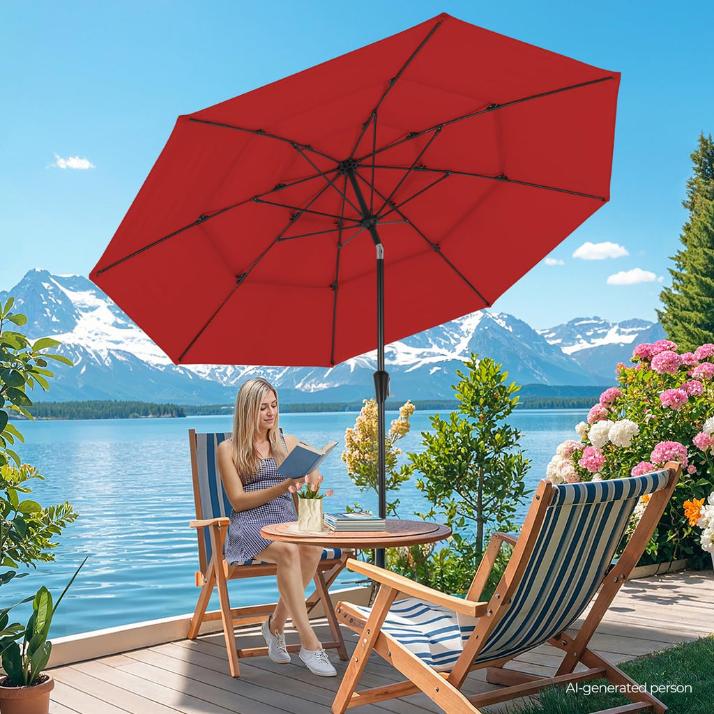 ONBRILL 10 FT Patio Umbrella, 3 Tier Outdoor Table Umbrella with 8 Sturdy Glass Fiber Ribs and Push Button Tilt, Outdoor Patio Umbrellas for Market Pool Garden Backyard, 1.5" Pole, Blue (No Base)