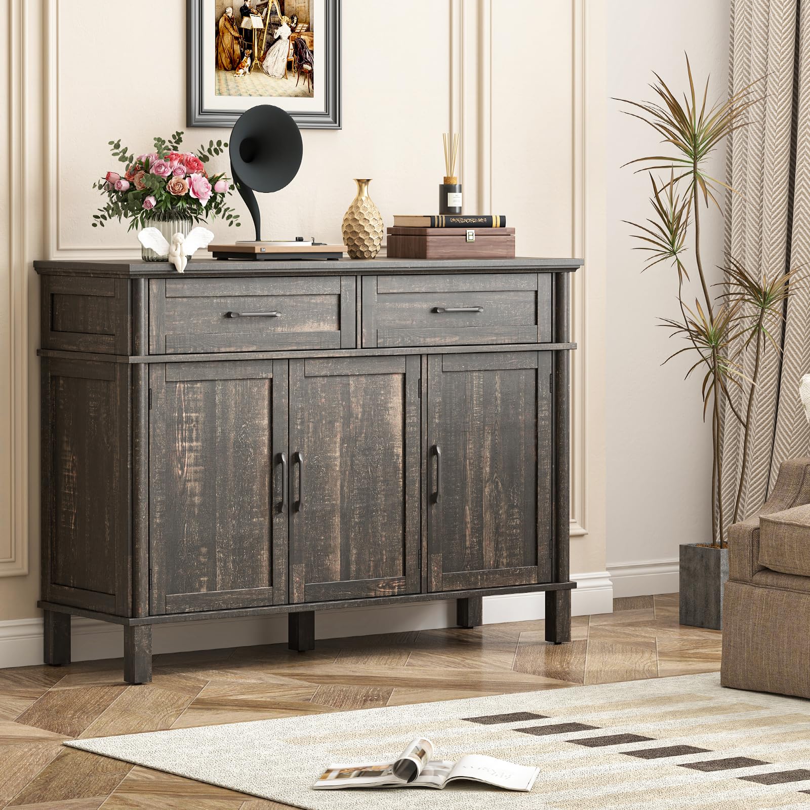 ONBRILL 48 Inches Buffet Cabinet with Storage, Farmhouse Sideboard Buffet w/2 Drawers and 3 Doors, Wood Coffee Bar Cabinet with Adjustable Shelves, Sideboard Storage for Kitchen, Living Room, Black