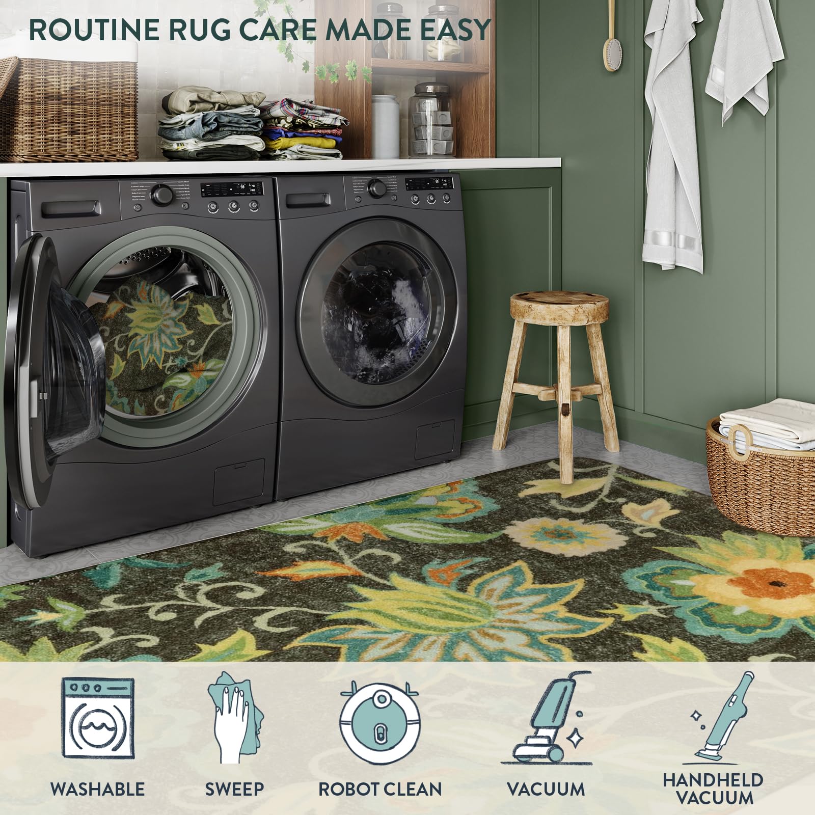 Lahome Floral Washable Area Rugs - 2x3 Non-Slip Small Entryway Rug Indoor, Throw Stain Resistant Kitchen Rugs Soft Black Paisley Print Bathroom Mats DoorMat Carpet for Bedroom Laundry Living Room Sink