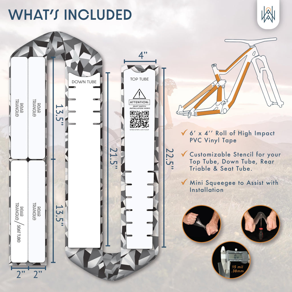 Bike Frame Protection Tape- High Impact Clear Vinyl Wrap Includes Tool (4”x72) Bicycle Frame Protector, Mountain Bike Frame Guard Chainstay Protector (Art Deco)